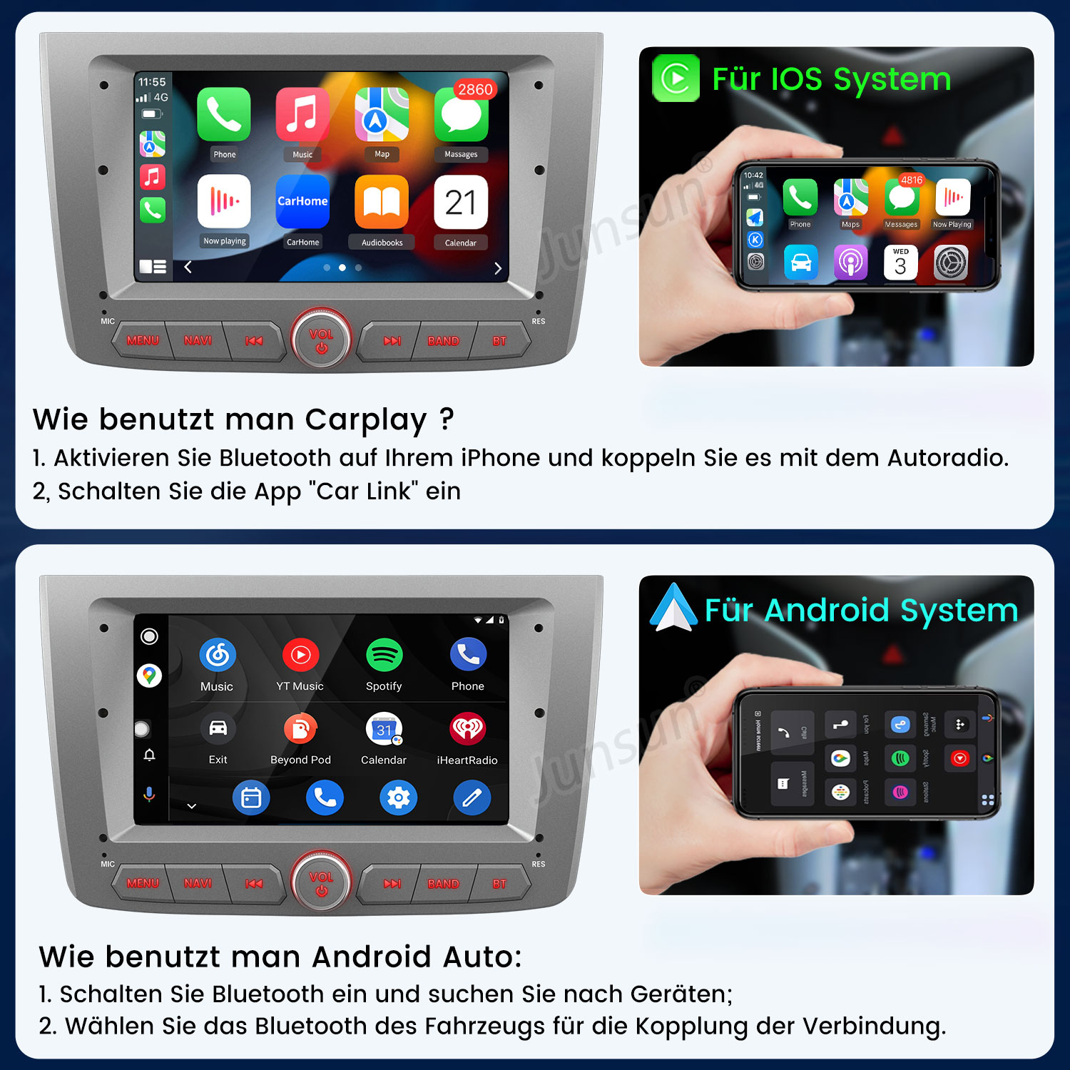 Anleitung zur Verwendung von CarPlay und Android Auto auf einem Autoradio mit Smartphone-Verbindung.