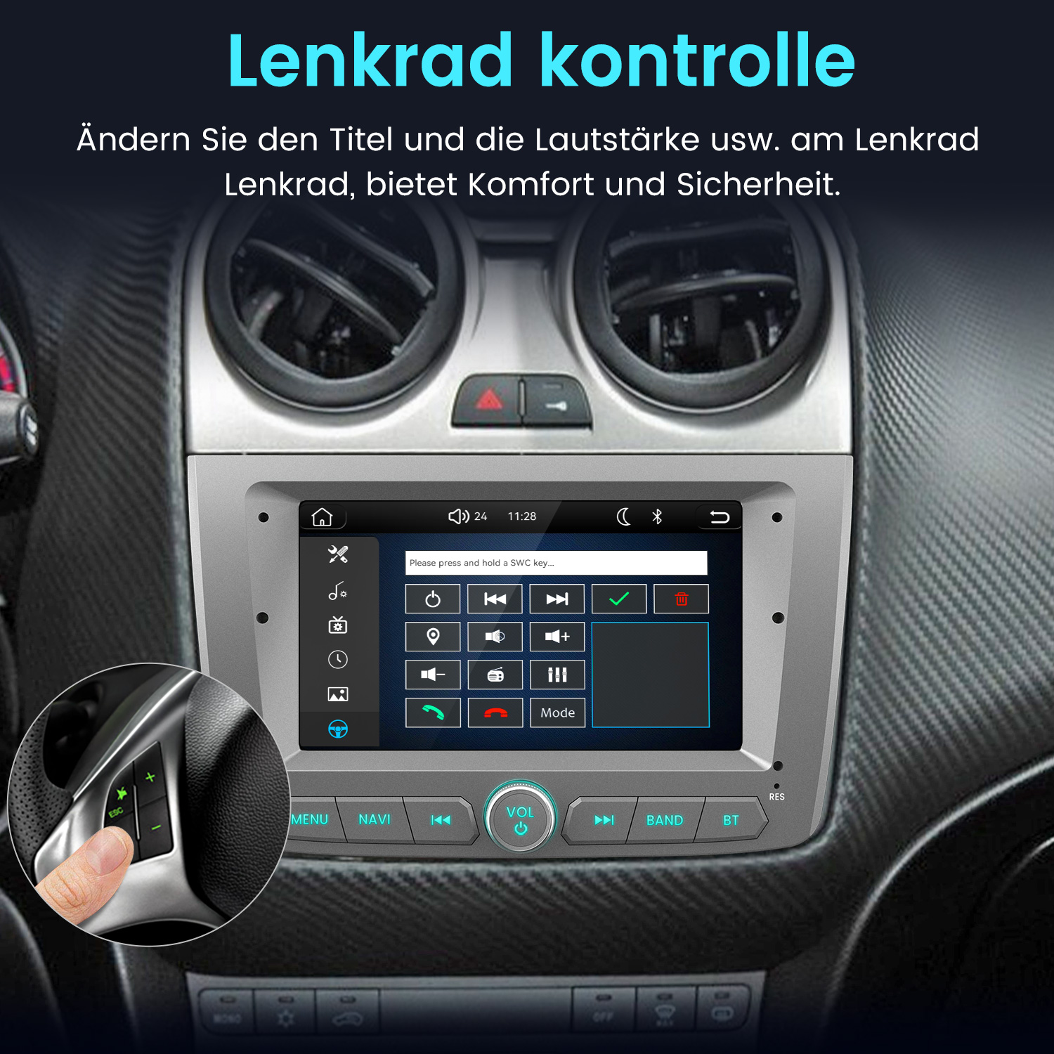 Autoinnenraum mit einem Infotainment-Bildschirm und einer Einblendung des Lenkrads, das Tasten zeigt.
