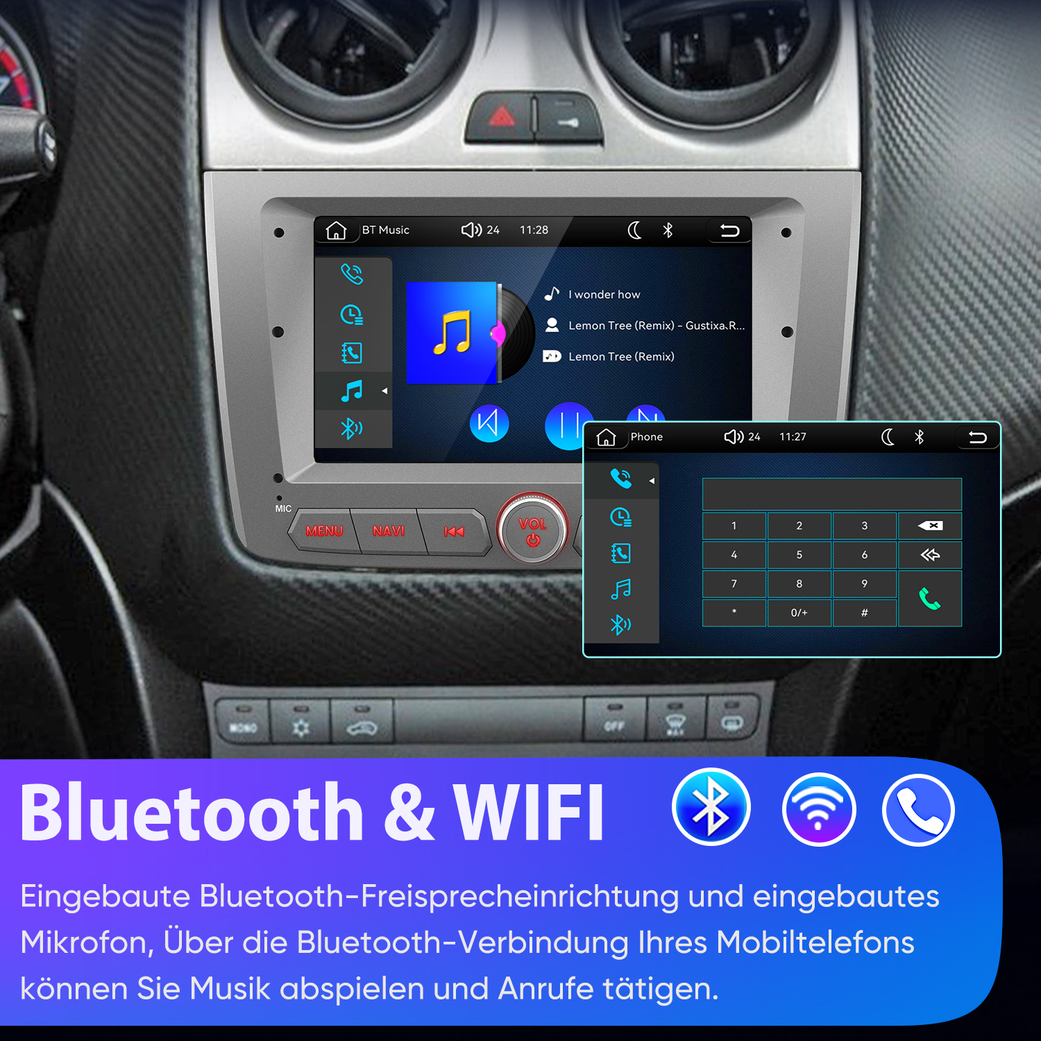 Autoradio mit Touchscreen zeigt Musikplayer und Tastenfeld. Text unten bewirbt Bluetooth und WLAN.