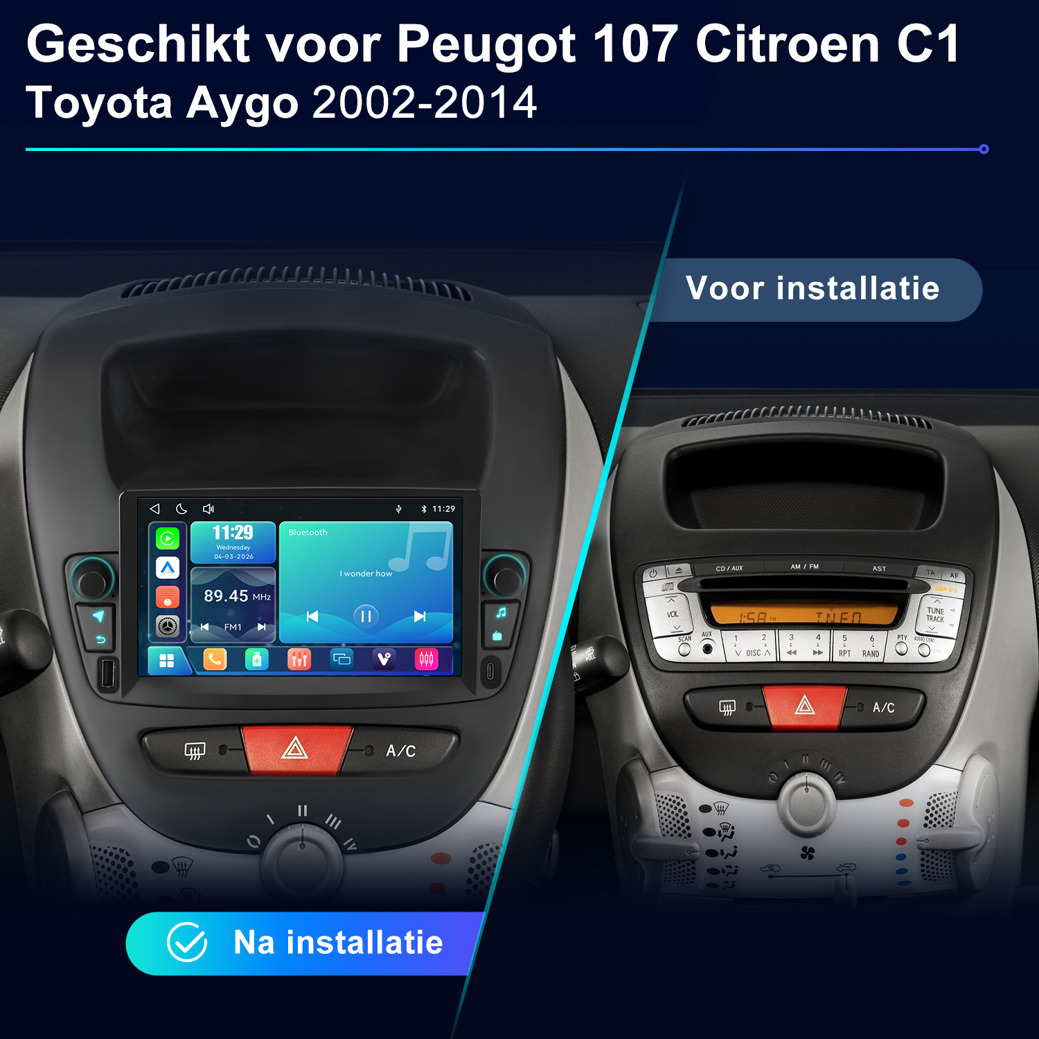Vergleich der Autokonsole vor und nach der Installation eines neuen Radios.