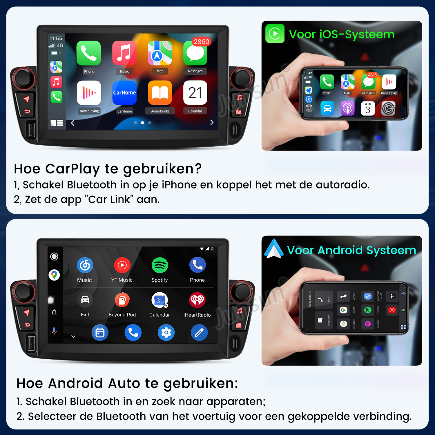 Anleitung zur Nutzung von CarPlay und Android Auto mit einem Autoradio und Smartphone.