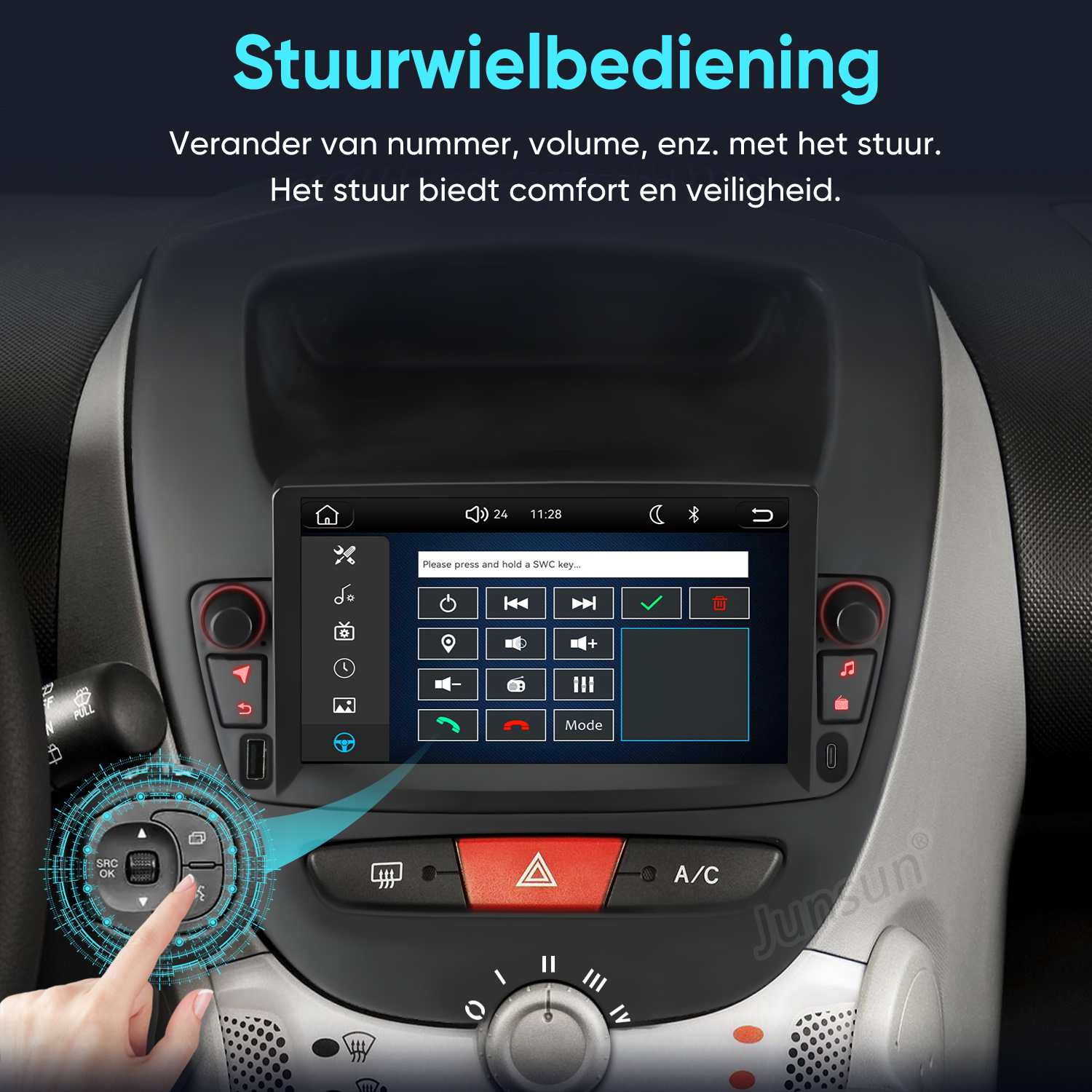 Ein Finger berührt das Lenkradbedienfeld und zeigt auf ein Auto-Touchscreen mit Einstellungen.