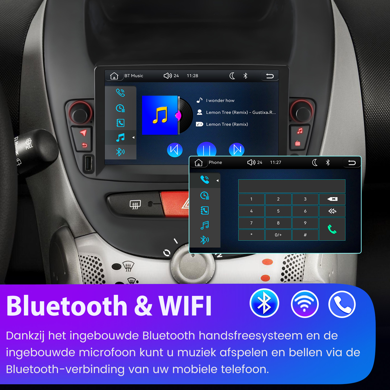 Ein Car-Audio-System im Armaturenbrett zeigt Musik- und Telefon-Menüs sowie Bluetooth- und WLAN-Symbole.