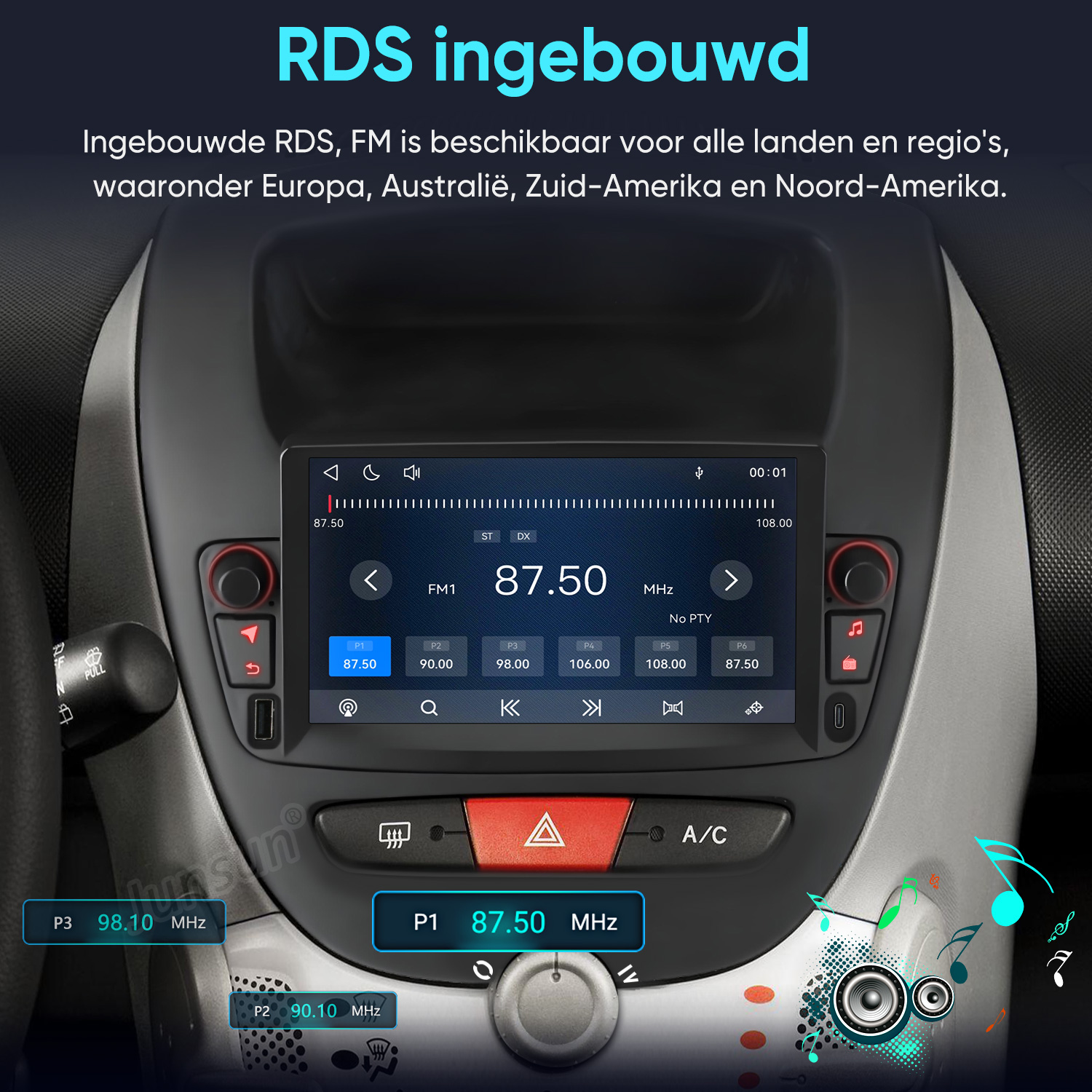 Ein Car-Audio-Bildschirm zeigt die UKW-Frequenz 87.50 MHz und integrierte RDS-Funktionen an.