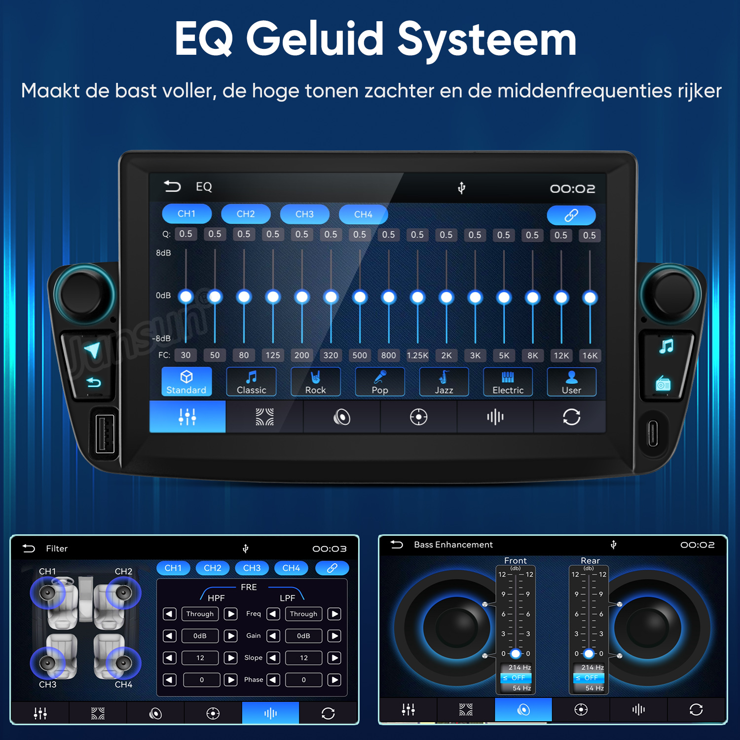Ein Car-Audio-Bildschirm mit Equalizer-Einstellungen, Filteroptionen und Bassverstärkung.