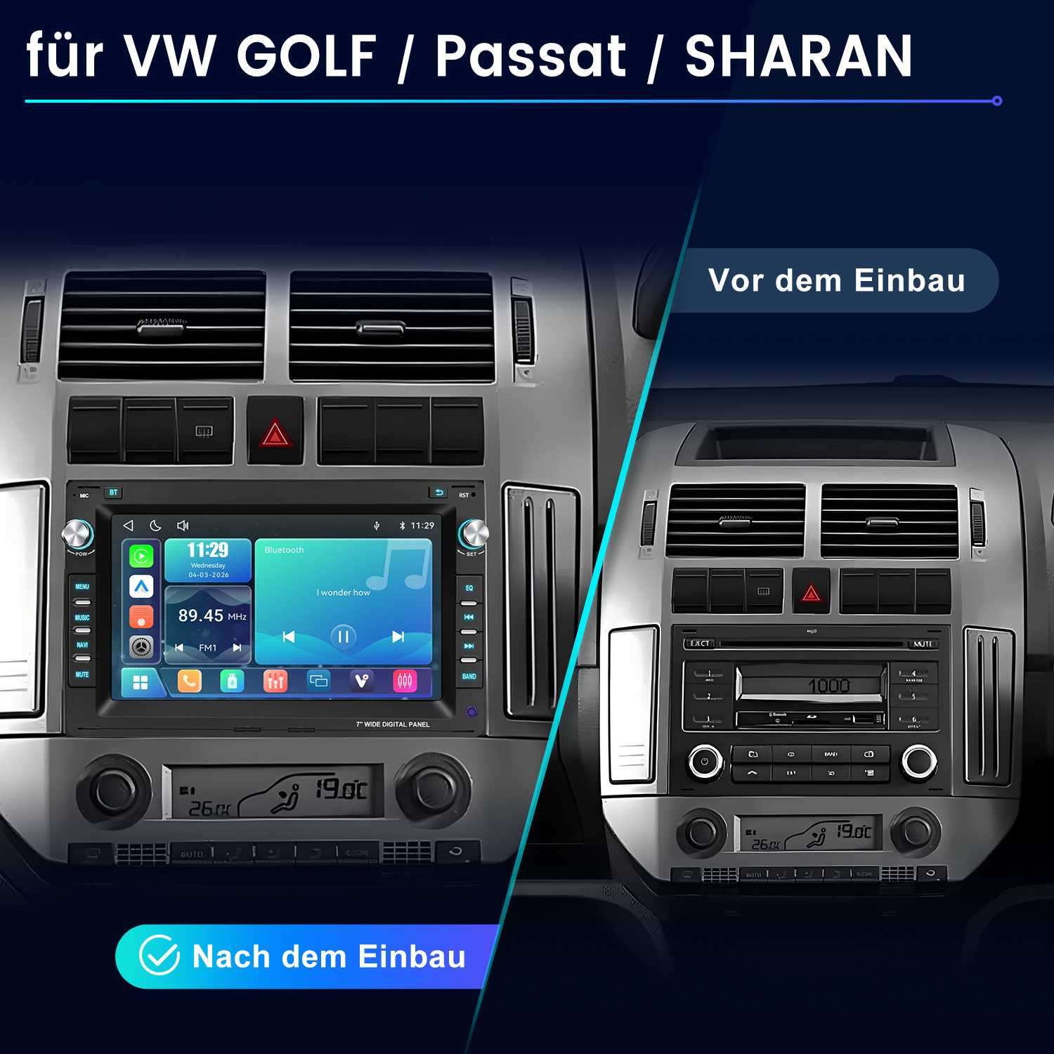 Vergleich eines VW-Armaturenbretts vor und nach dem Einbau eines modernen Multimediasystems.