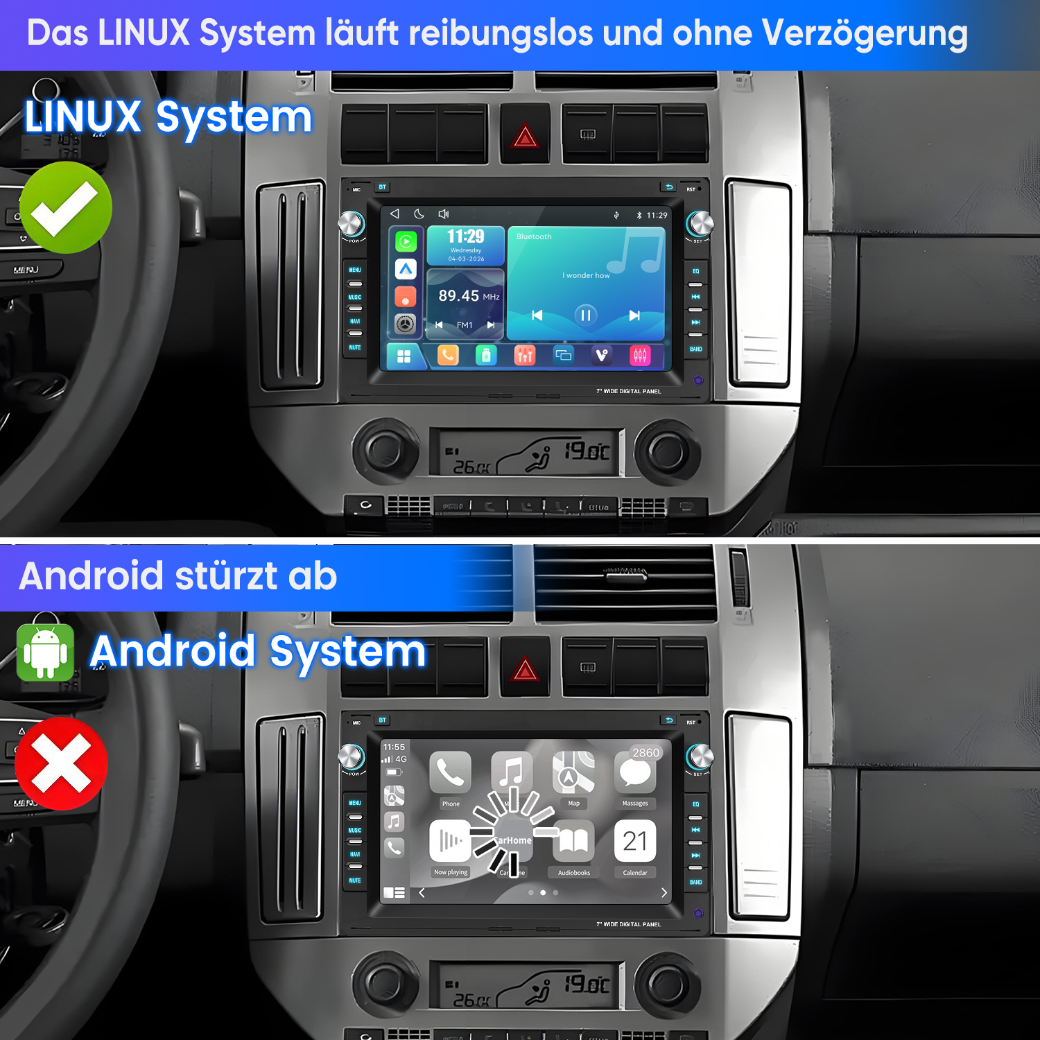 Vergleich von Linux- und Android-Autoradios: Linux läuft reibungslos, während Android einen Ladefehler anzeigt.