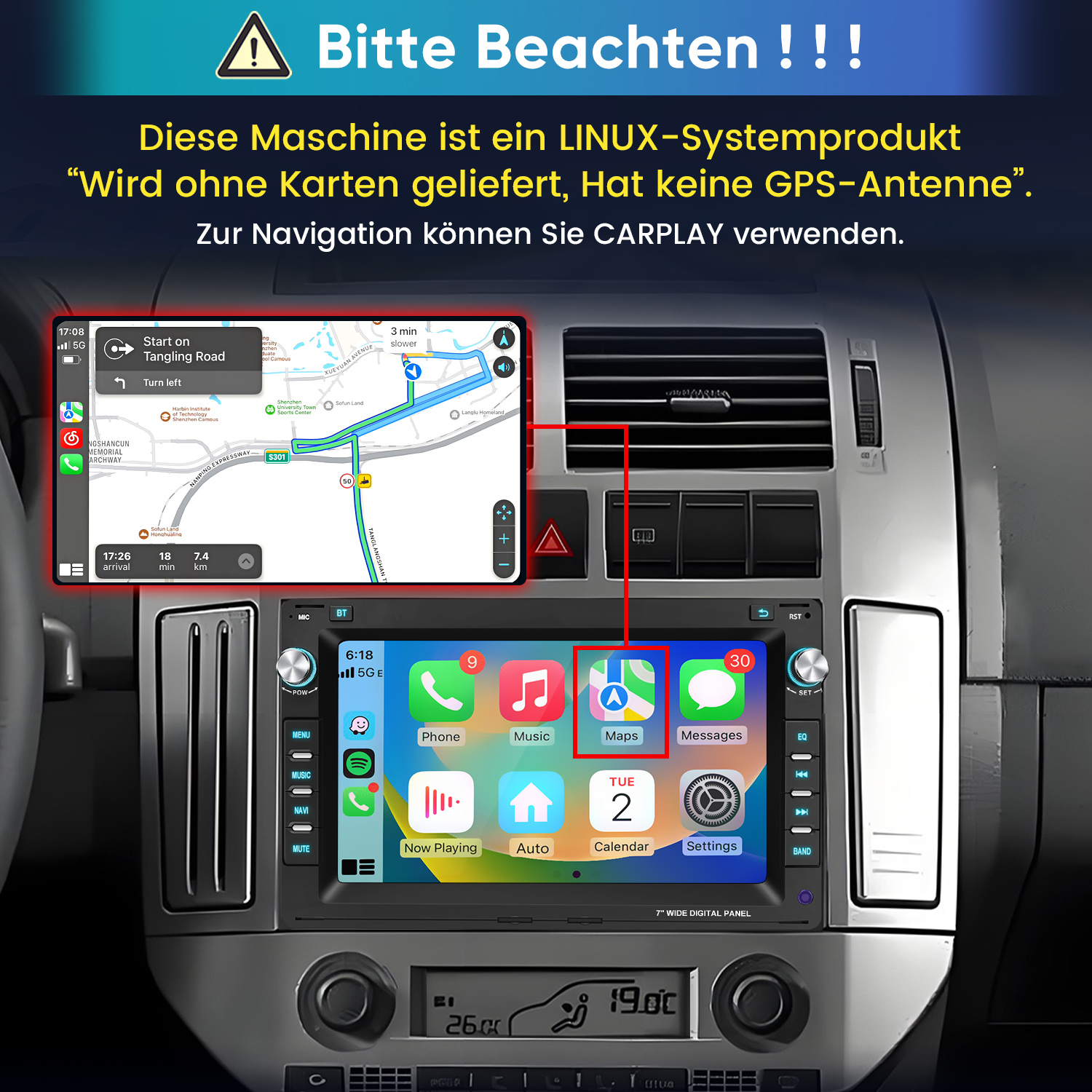 Linux-Autoradio im Armaturenbrett mit CarPlay-Navigation und App-Icons auf dem Touchscreen.