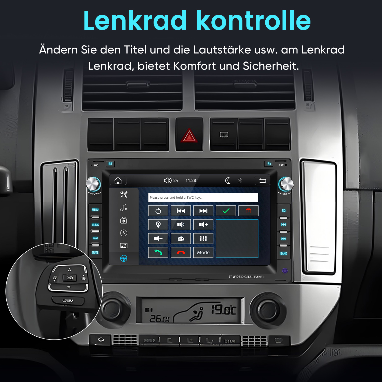 Autoinnenraum mit einem modernen Multimediasystem in der Mittelkonsole und Lenkradsteuerung.
