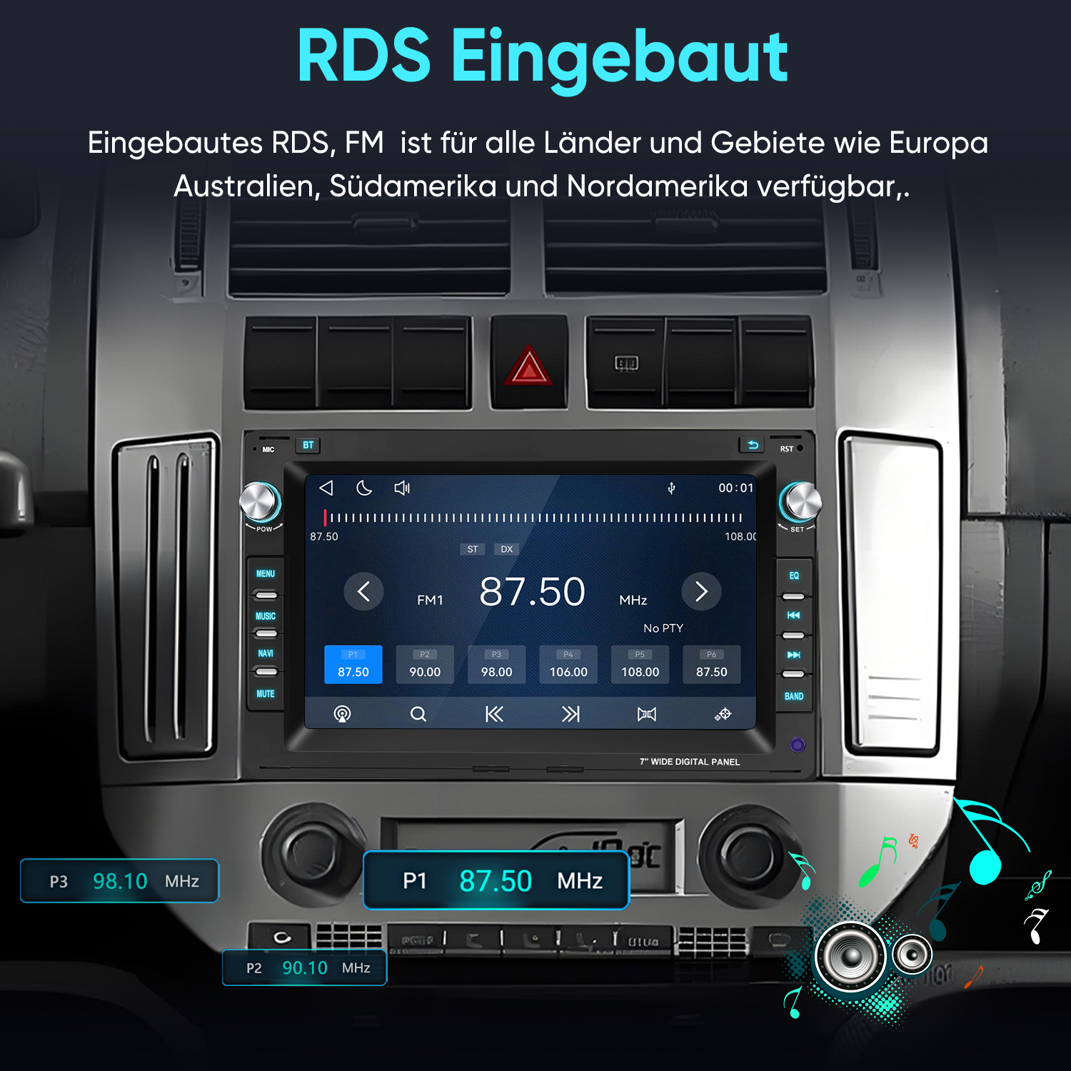 Ein Auto-Armaturenbrett mit einem digitalen Stereo-Bildschirm, der eine FM-Radiofrequenz von 87,50 MHz anzeigt.