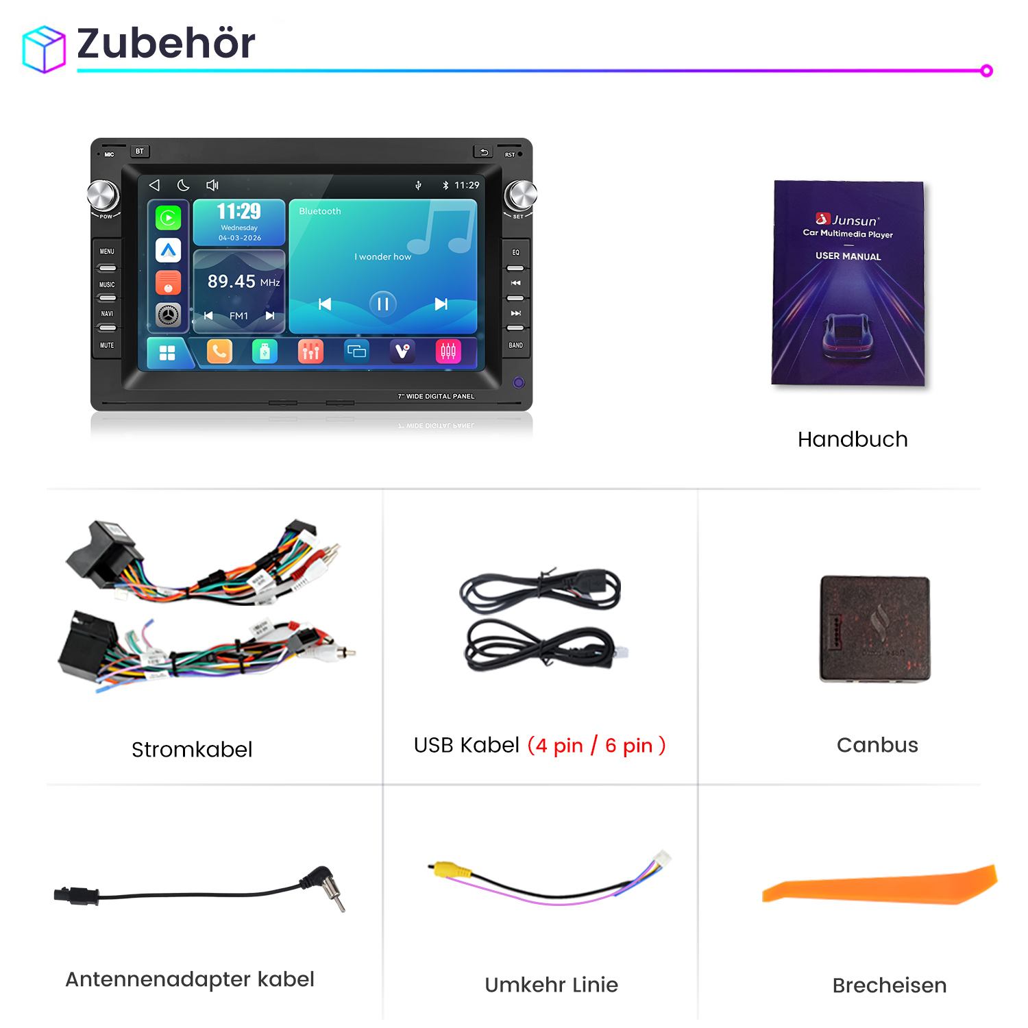 Zubehör für Autoradios wie Kabel, Canbus und Handbuch.