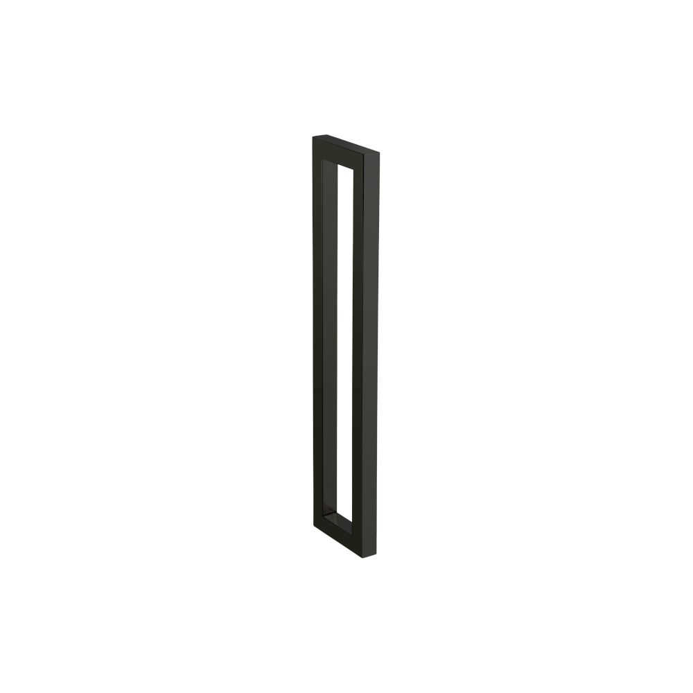 Ein langer, schwarzer Metallgriff mit einem rechteckigen Design auf einem weißen Hintergrund.