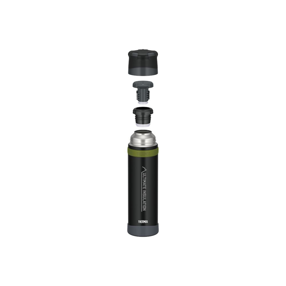 Zerlegte schwarze Thermoskanne mit grünem Ring, Flasche, Stopfen und Kappe auf weißem Hintergrund.