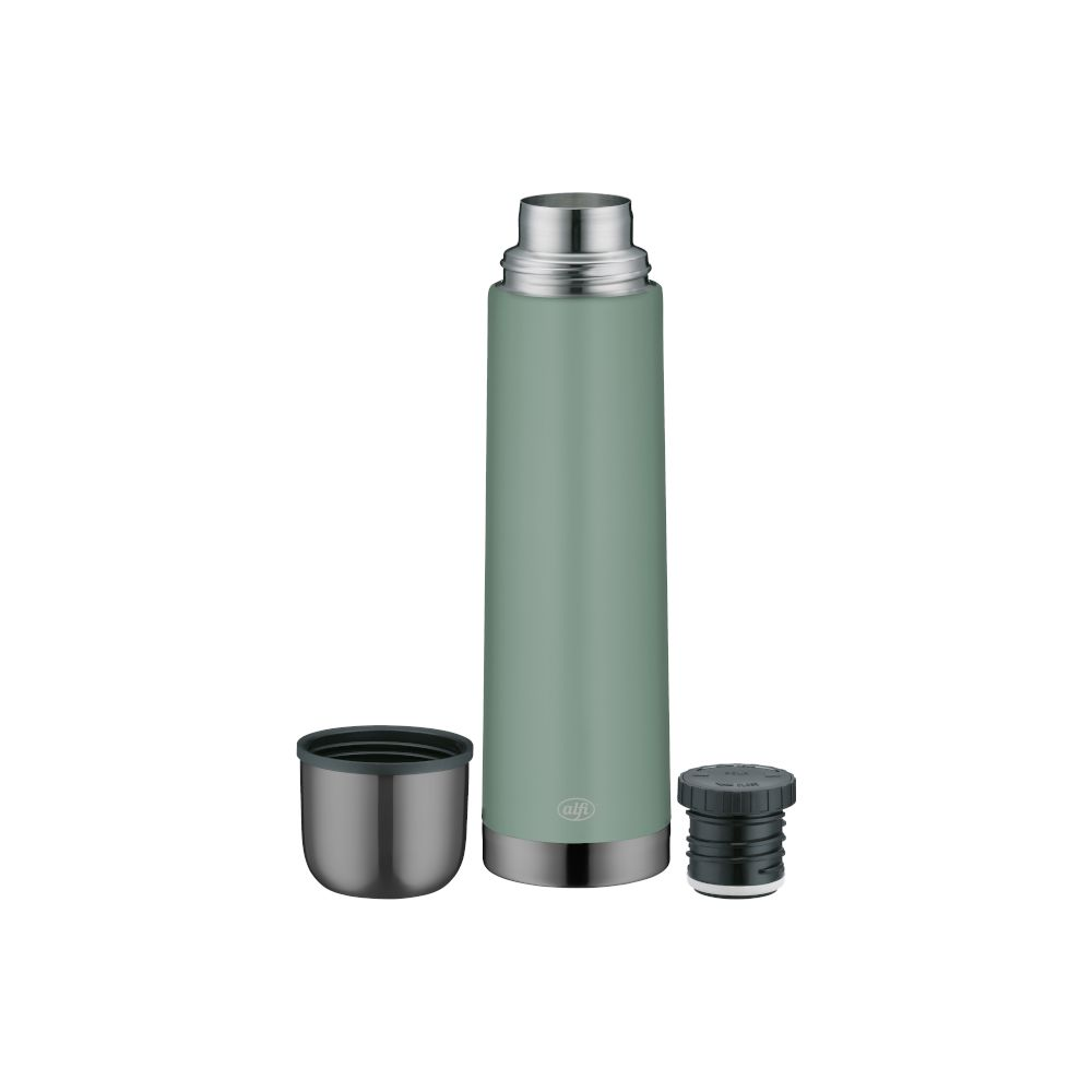 Grüne Alfi Thermosflasche mit offenem Schraubverschluss und silberner Tasse auf weißem Hintergrund.