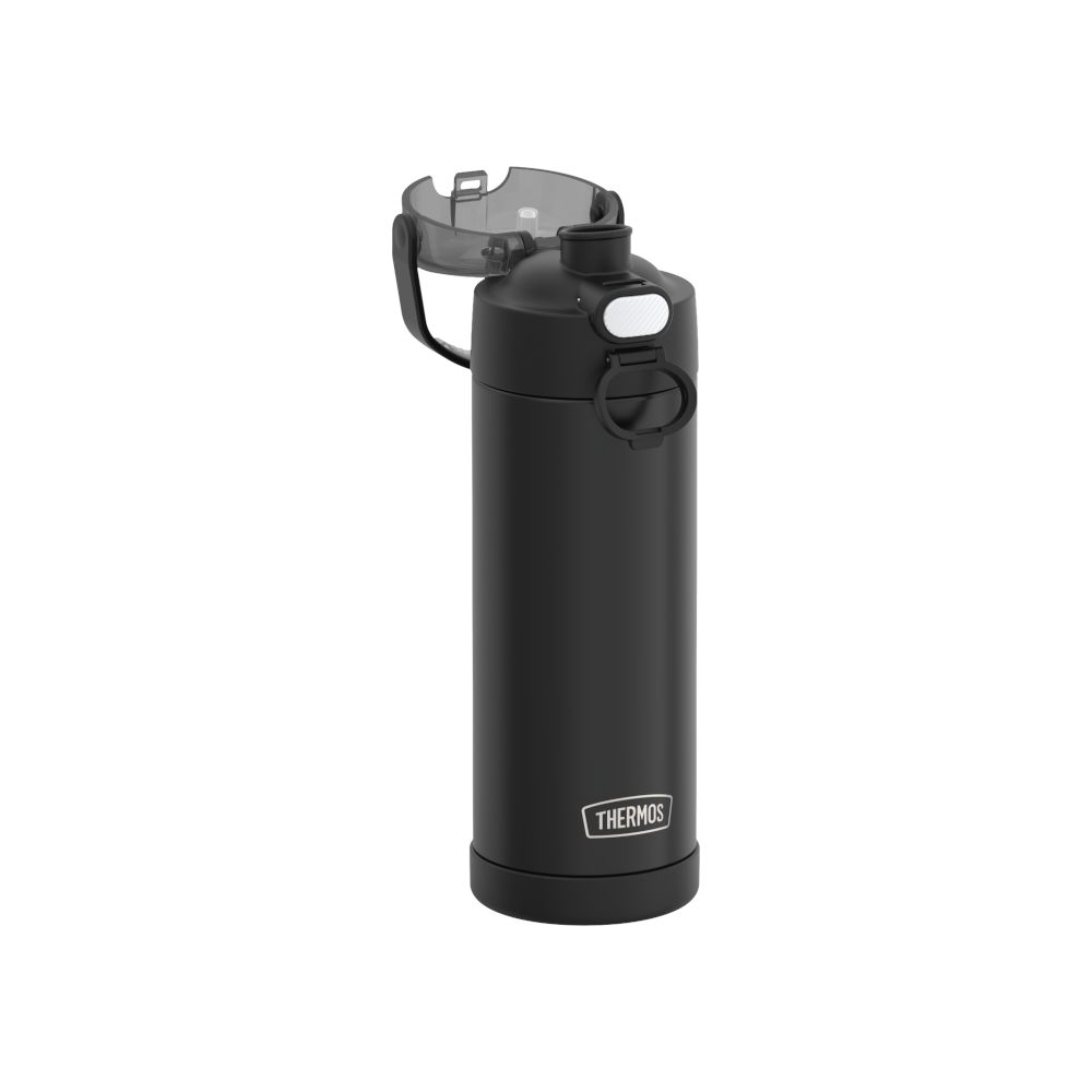 Eine mattschwarze Thermos-Trinkflasche mit offenem grauen Deckel und Verschlussring vor weißem Hintergrund.