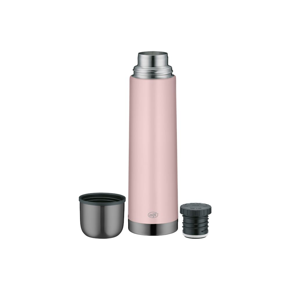 Eine rosa Isoliermlasche mit abgenommenem dunklem Deckel und Stopfen auf weißem Hintergrund.