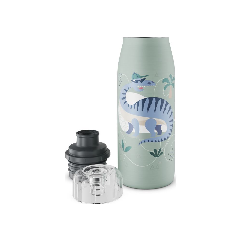 Gruene Trinkflasche mit Dino-Muster und zwei separaten schwarzen und klaren Deckeln auf weissem Hintergrund.
