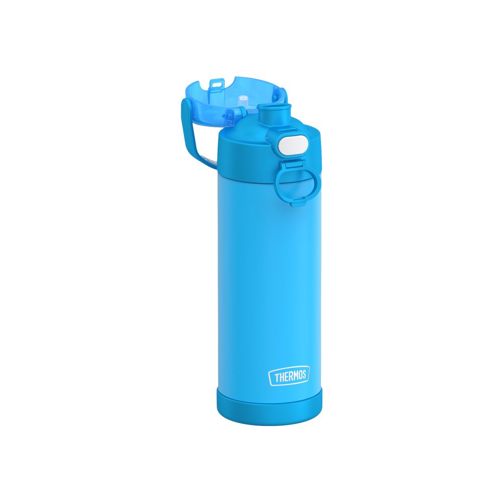 Blaue Thermos-Wasserflasche mit offenem, durchsichtigem Deckel und weißem Logo auf weißem Hintergrund.