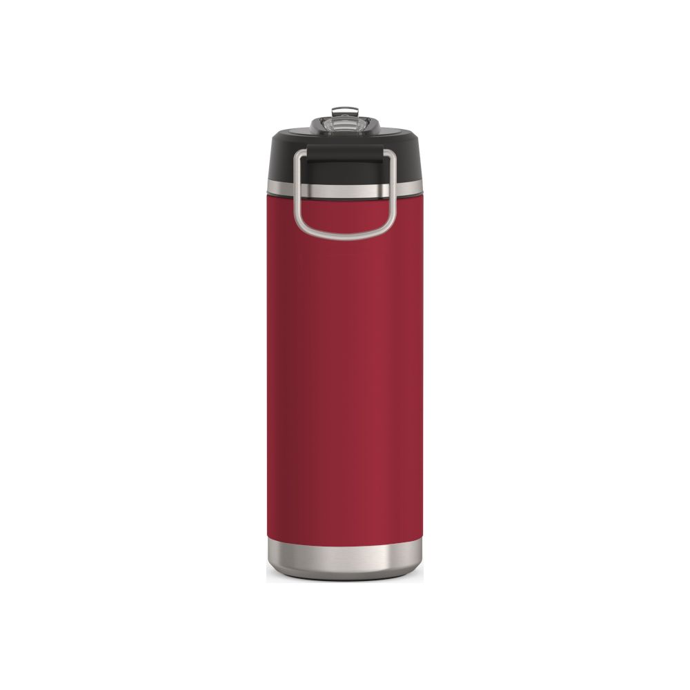 Eine rote Isolierflasche mit schwarzem Deckel und Metalltragebügel auf weißem Grund.