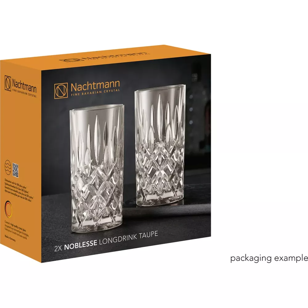 Verpackung für zwei Nachtmann Noblesse Longdrinkgläser mit Schliffmuster auf dunklem Hintergrund.