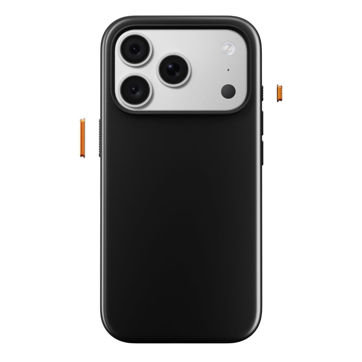 Schwarze Smartphone-Hülle mit silberner Kamerasektion und zwei orangefarbenen Ersatzknöpfen.