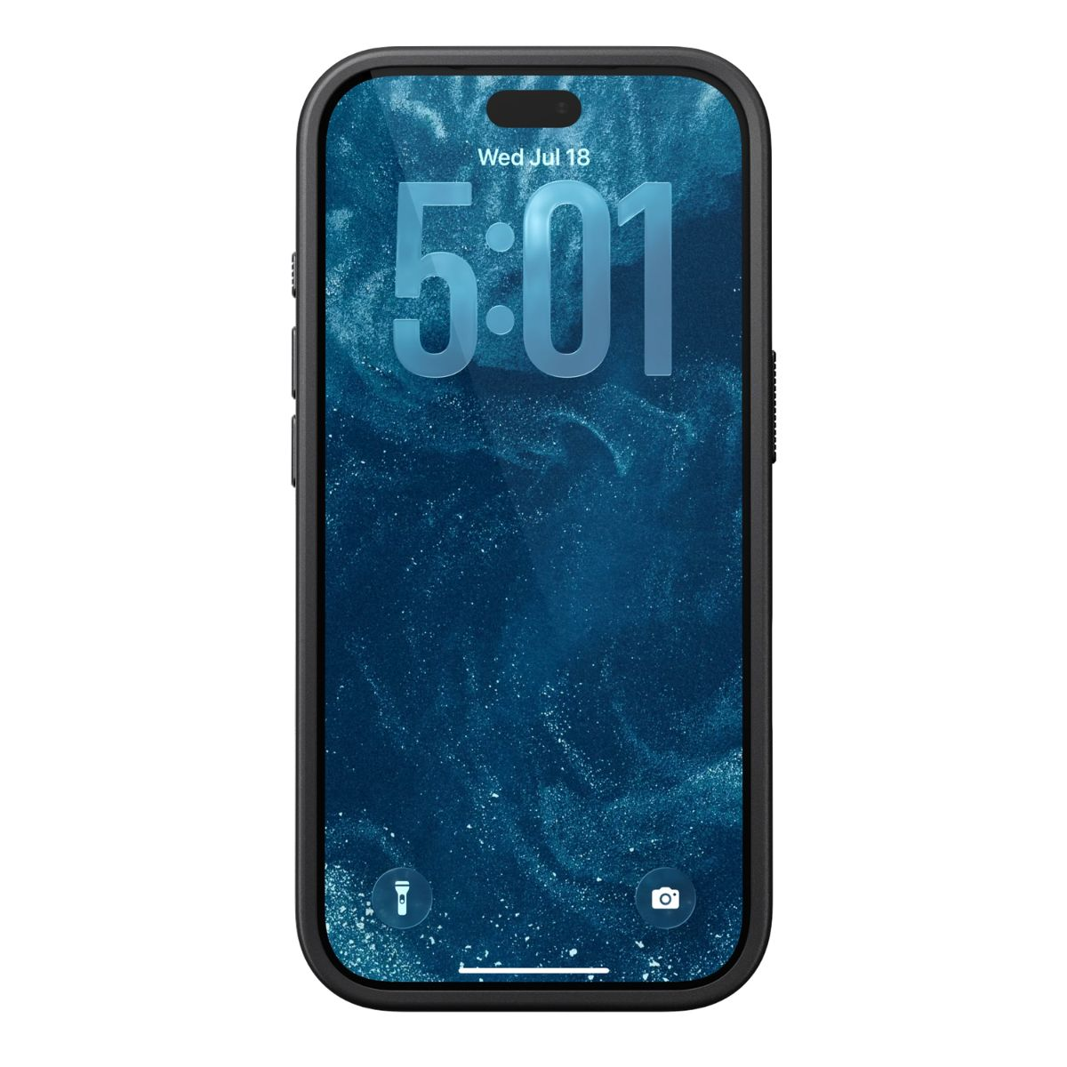 Ein schwarzes Smartphone mit blauem Hintergrundbild, das 5:01 Uhr anzeigt.