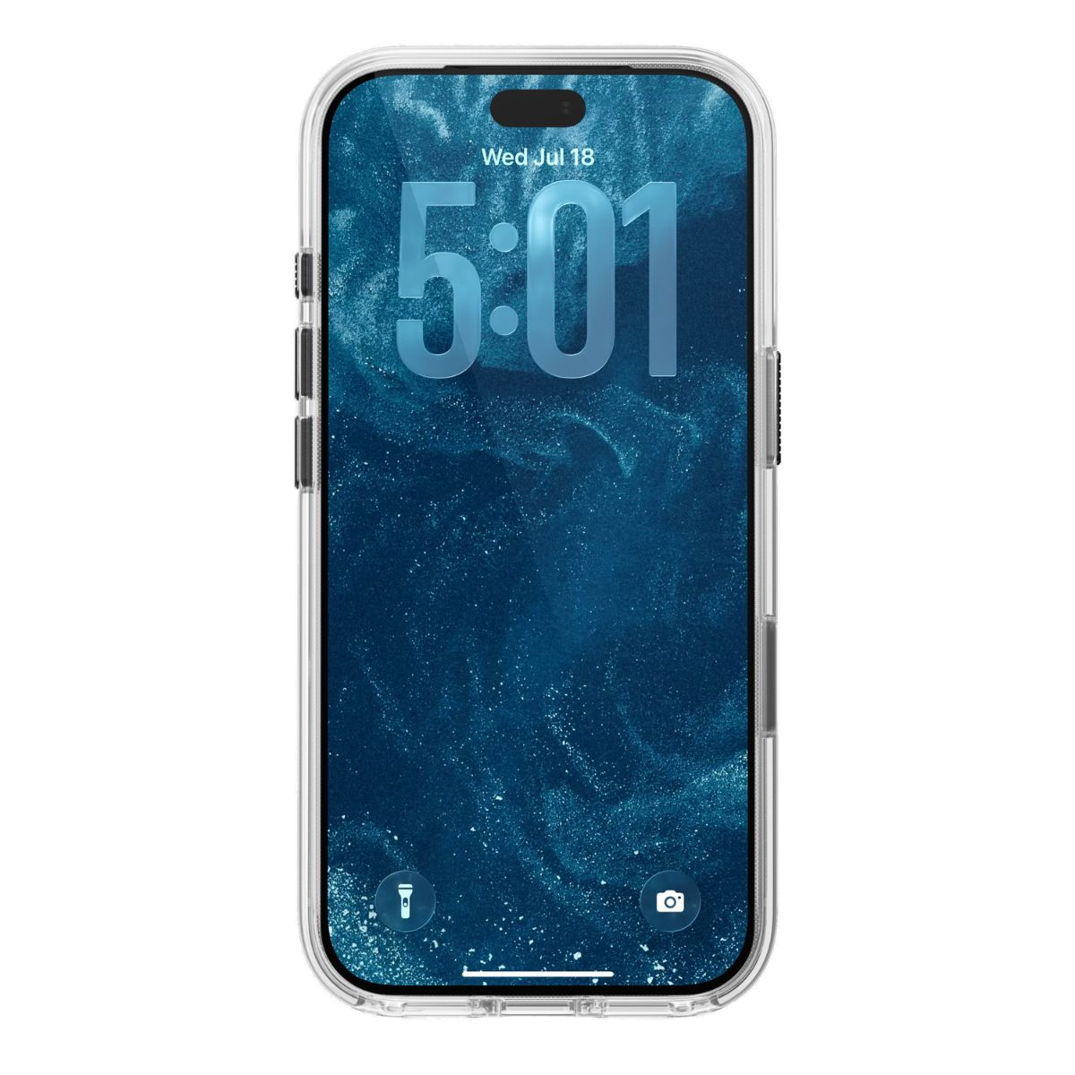 Un teléfono inteligente con fondo de pantalla brillante azul, hora 5:01 y funda transparente sobre fondo blanco.