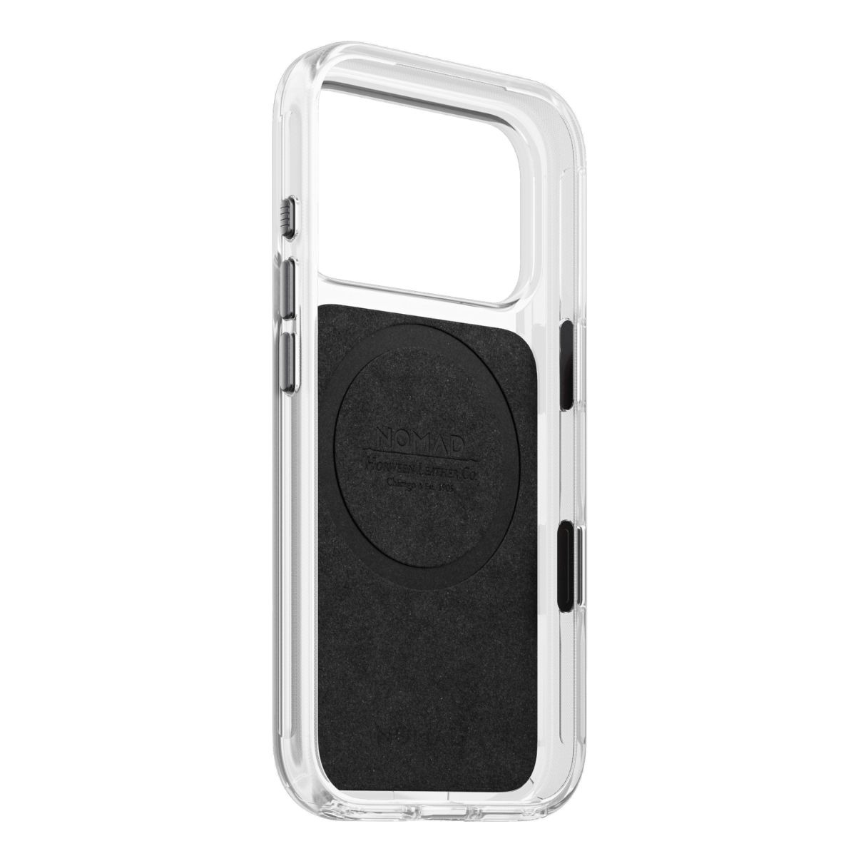 Funda transparente para smartphone con forro interior negro y logotipo de Nomad sobre fondo blanco.