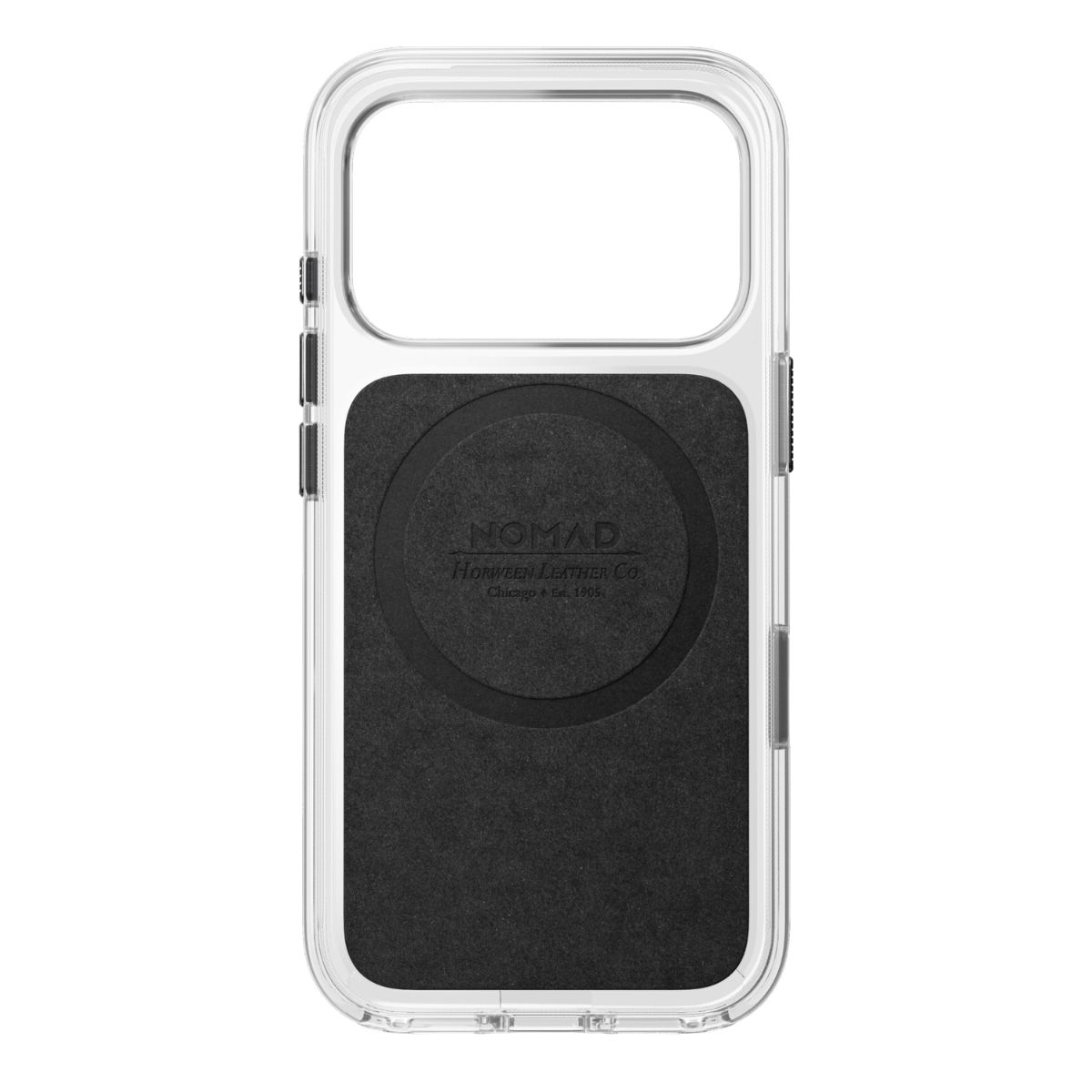 Funda transparente con parte trasera de cuero oscuro con el logo de Nomad y anillo MagSafe, sobre fondo blanco.