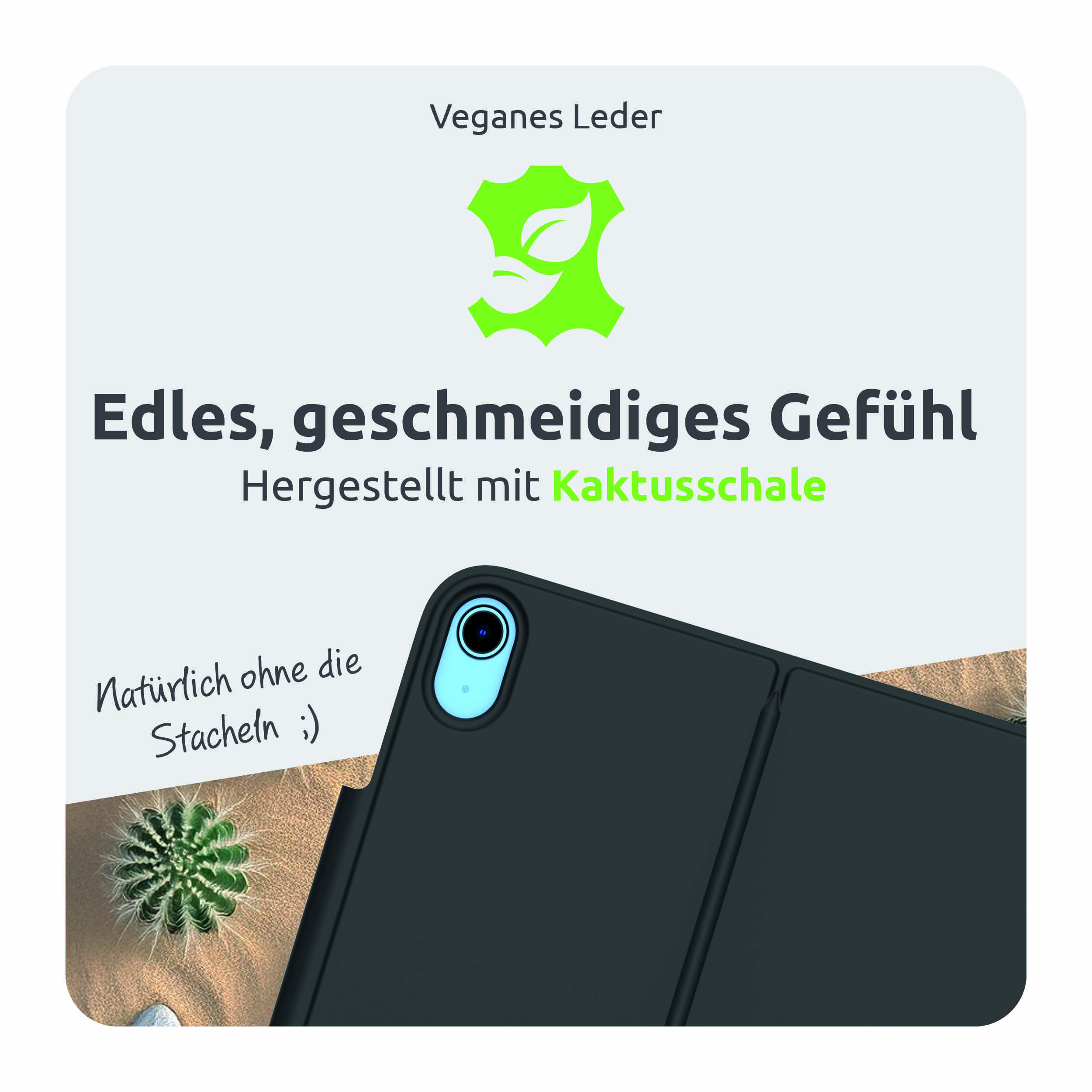 Werbebild für veganes Leder aus Kaktusschale mit Tablet-Hülle und Kakteen-Hintergrund.