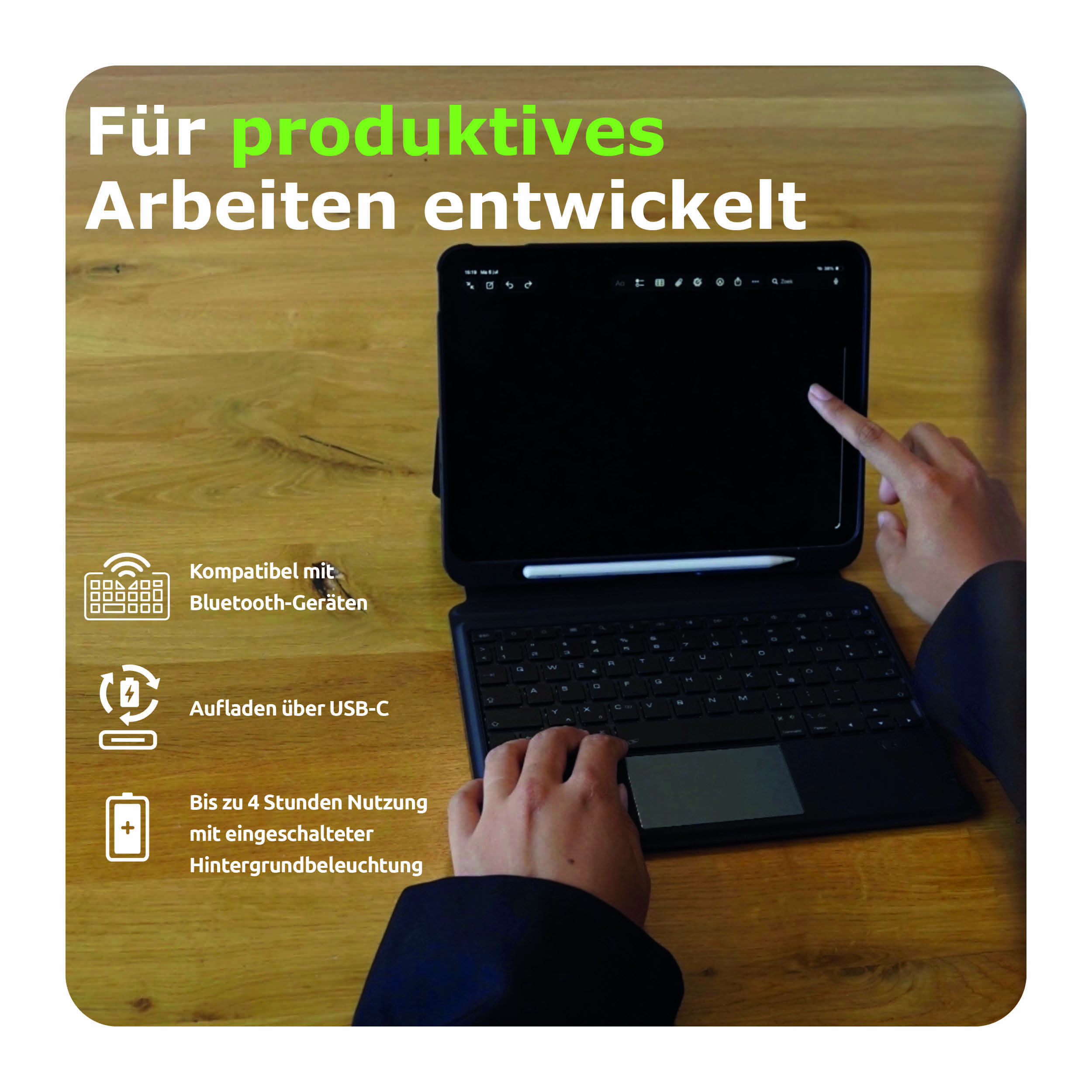 Ein Tablet mit Tastaturhülle auf einem Holztisch, mit deutschem Text und Funktionssymbolen links.