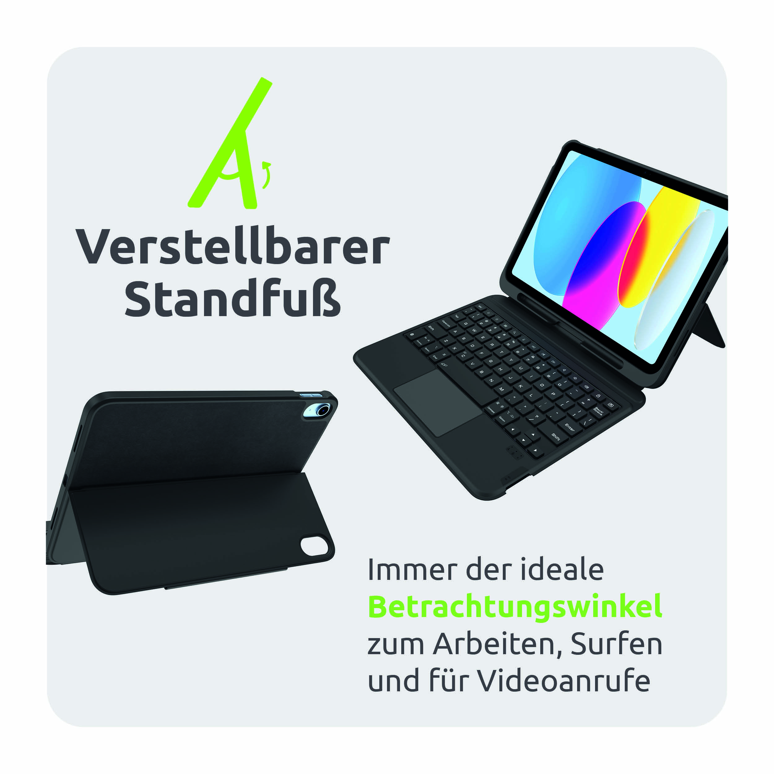 Ein schwarzes Tablet mit Tastaturhülle und verstellbarem Standfuß für verschiedene Betrachtungswinkel.