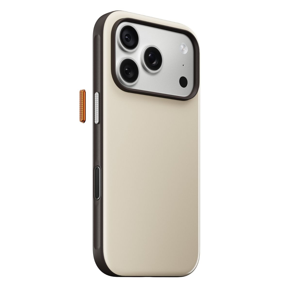 Ein beiges Smartphone mit einer dreifachen Kameralinse, einem dunklen Rahmen und einem kleinen orangefarbenen Bauteil.