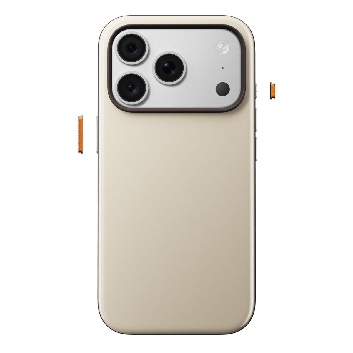 Beige Hülle auf der Rückseite eines Smartphones mit dreifacher Kamera und abgelösten orangefarbenen Seitentasten.