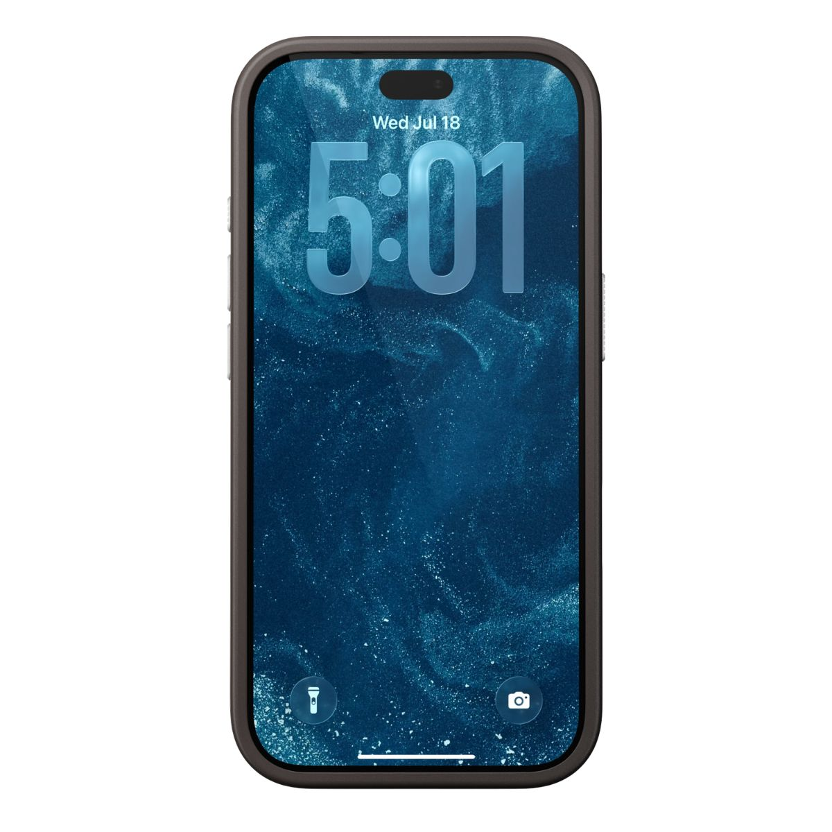 Smartphone zeigt ein blaues abstraktes Hintergrundbild, Uhrzeit 5:01, Datum Mi, 18. Juli und Verknüpfungen.