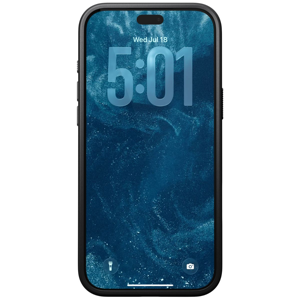 Smartphone zeigt einen blauen, abstrakten Sperrbildschirm mit Uhrzeit 5:01 und Datum Mi., 18. Juli.