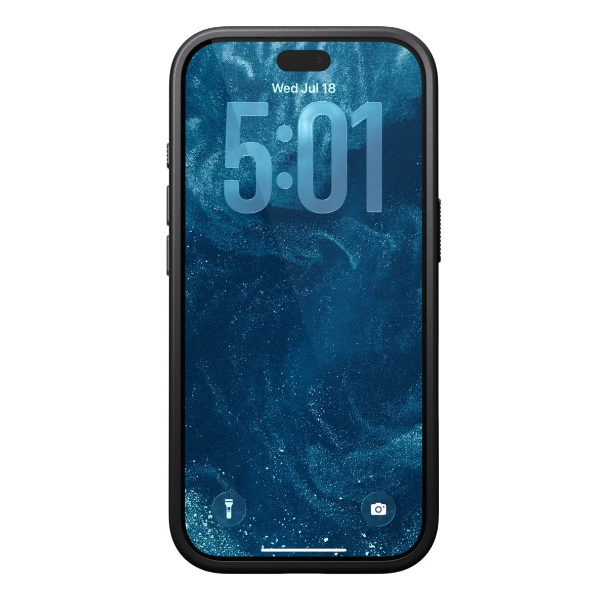 Schwarzes Smartphone mit blauem, glitzerndem Hintergrund, das 5:01 Uhr und das Datum anzeigt.
