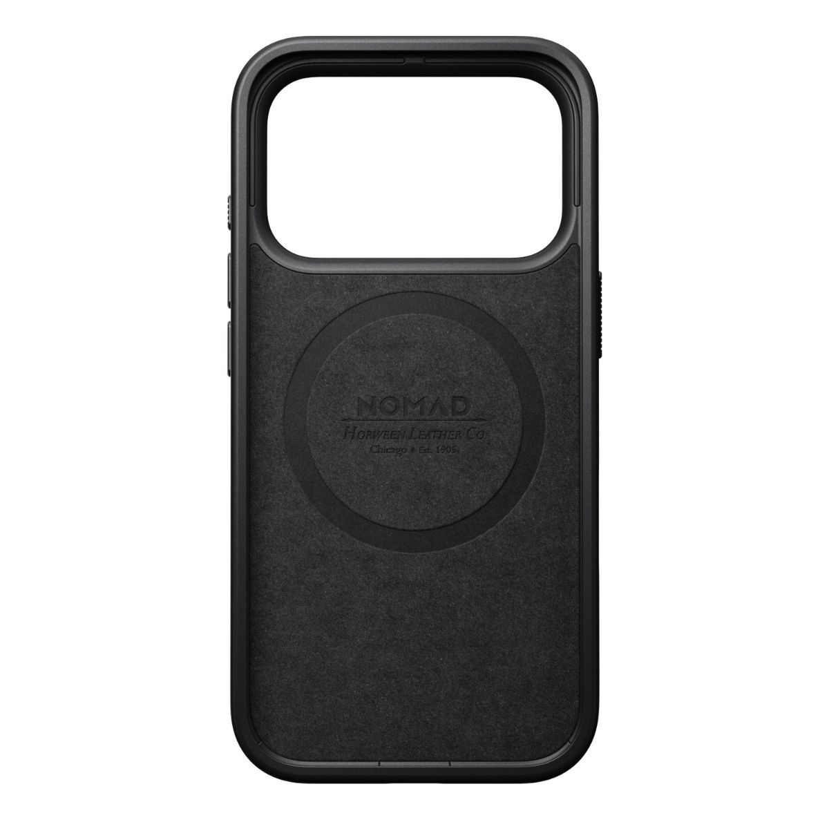 Eine schwarze Nomad-Handyhülle mit MagSafe-Ring und Lederrückseite.