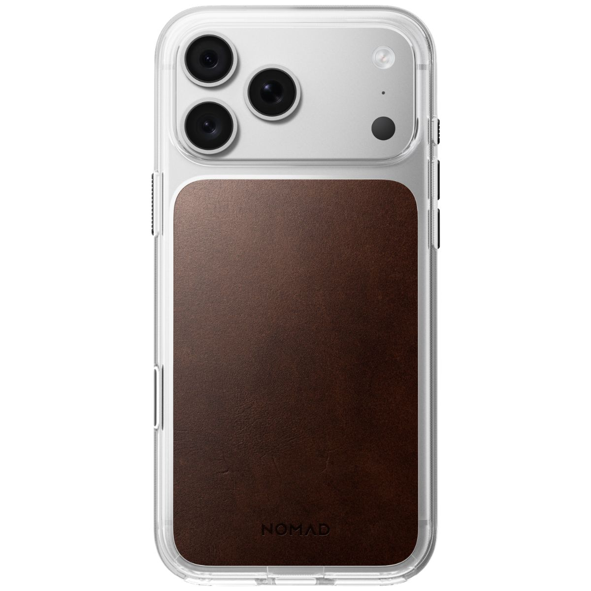Smartphone in einer klaren Schutzhülle mit brauner Lederrückseite und Nomad-Logo auf weißem Hintergrund.