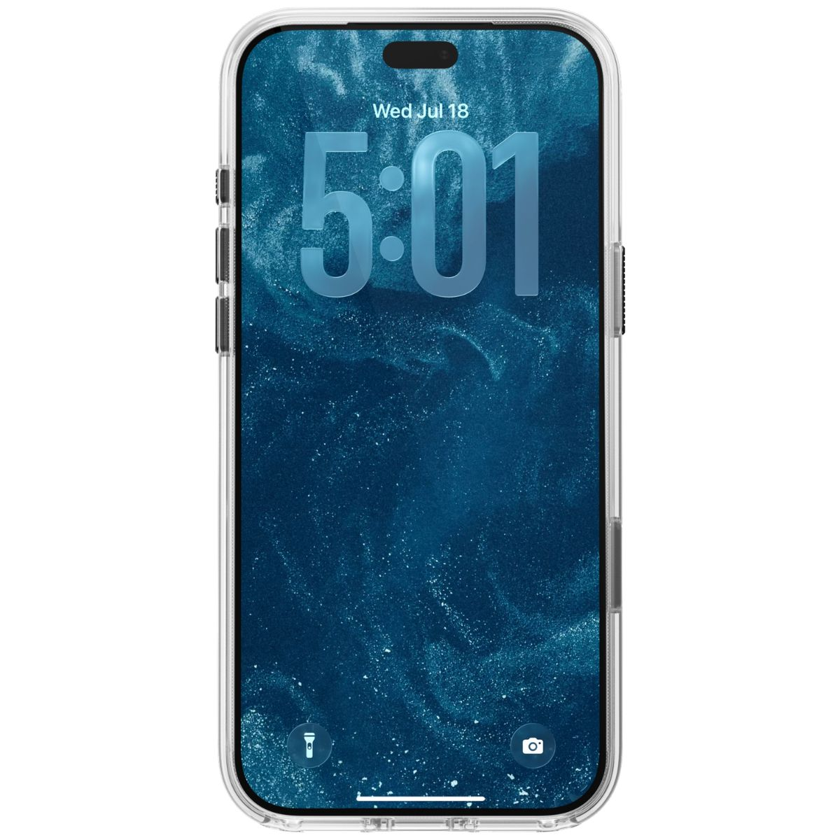 Ein Smartphone in einer durchsichtigen Hülle zeigt ein blaues abstraktes Hintergrundbild, die Uhrzeit 5:01 und Datum.