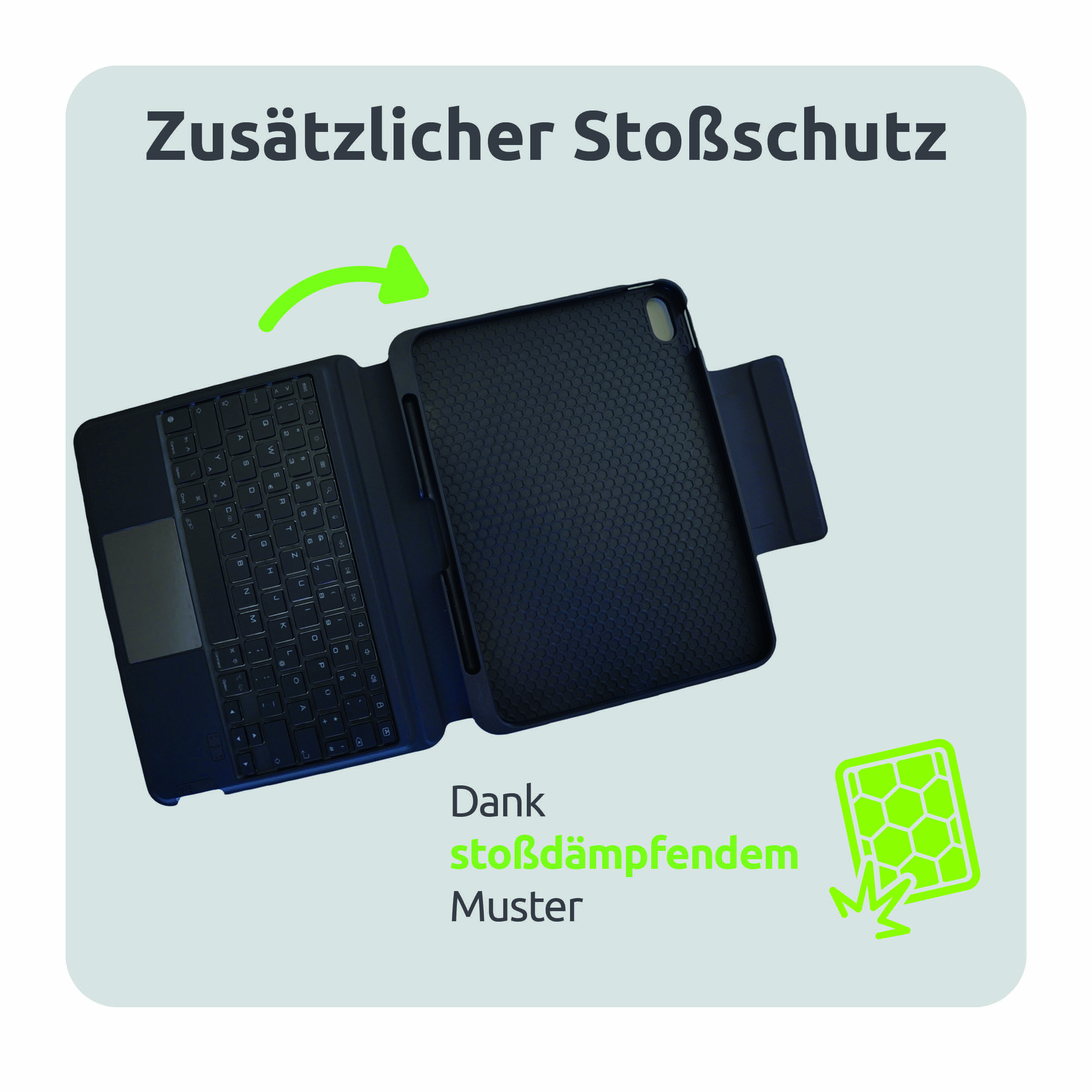 Ein offenes schwarzes Tablet-Cover mit integrierter Tastatur und stoßdämpfendem Wabenmuster.