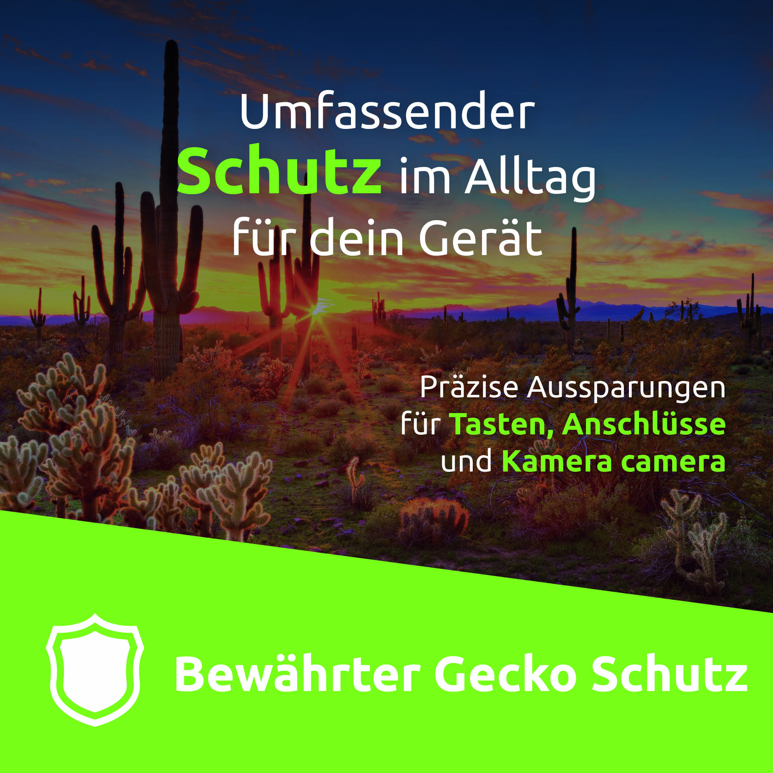 Wüstensonnenuntergang mit Kakteen und deutscher Werbung für Geräteschutz und grünem Schild-Logo.