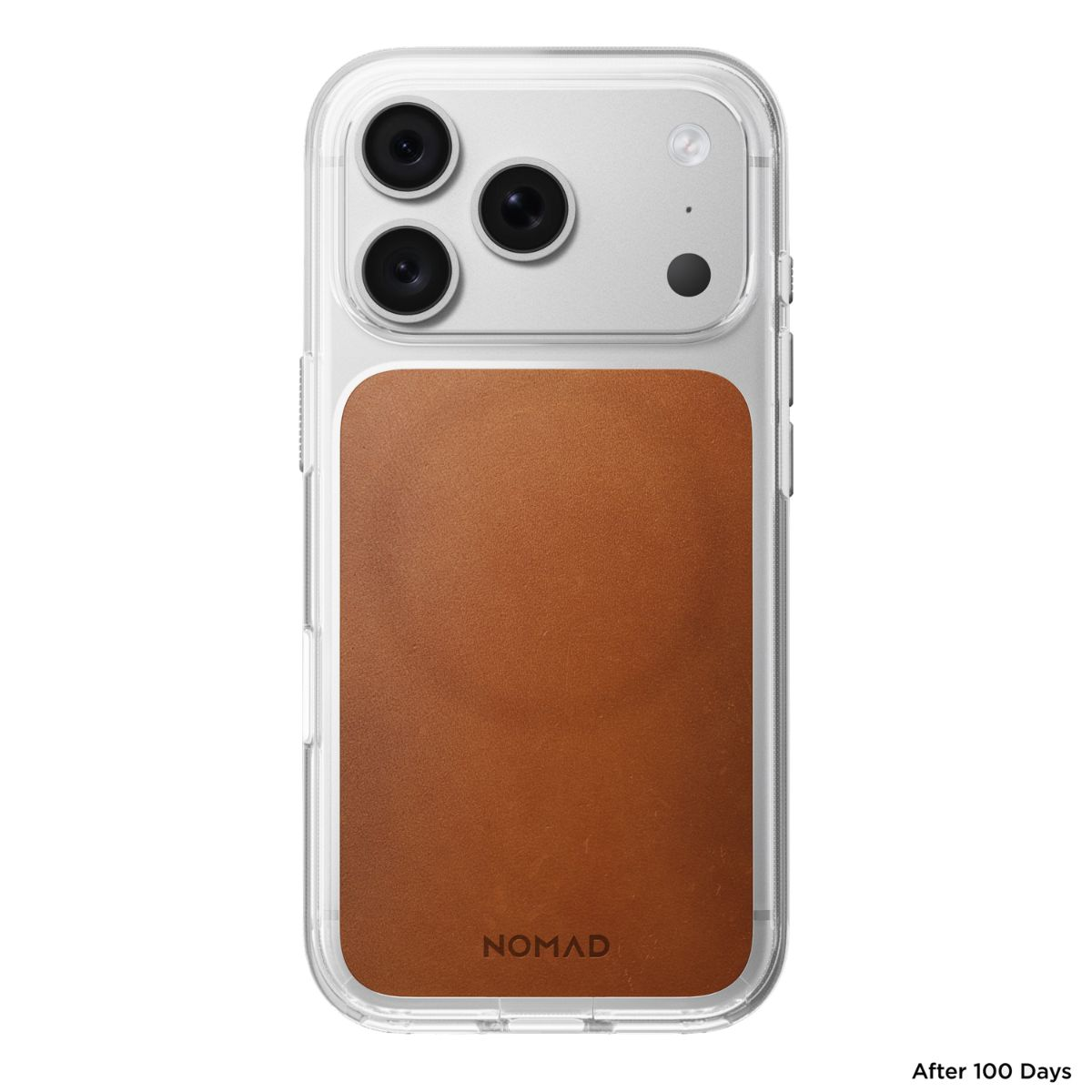 Un smartphone en una funda transparente con trasera de cuero marrón y el logo de Nomad.