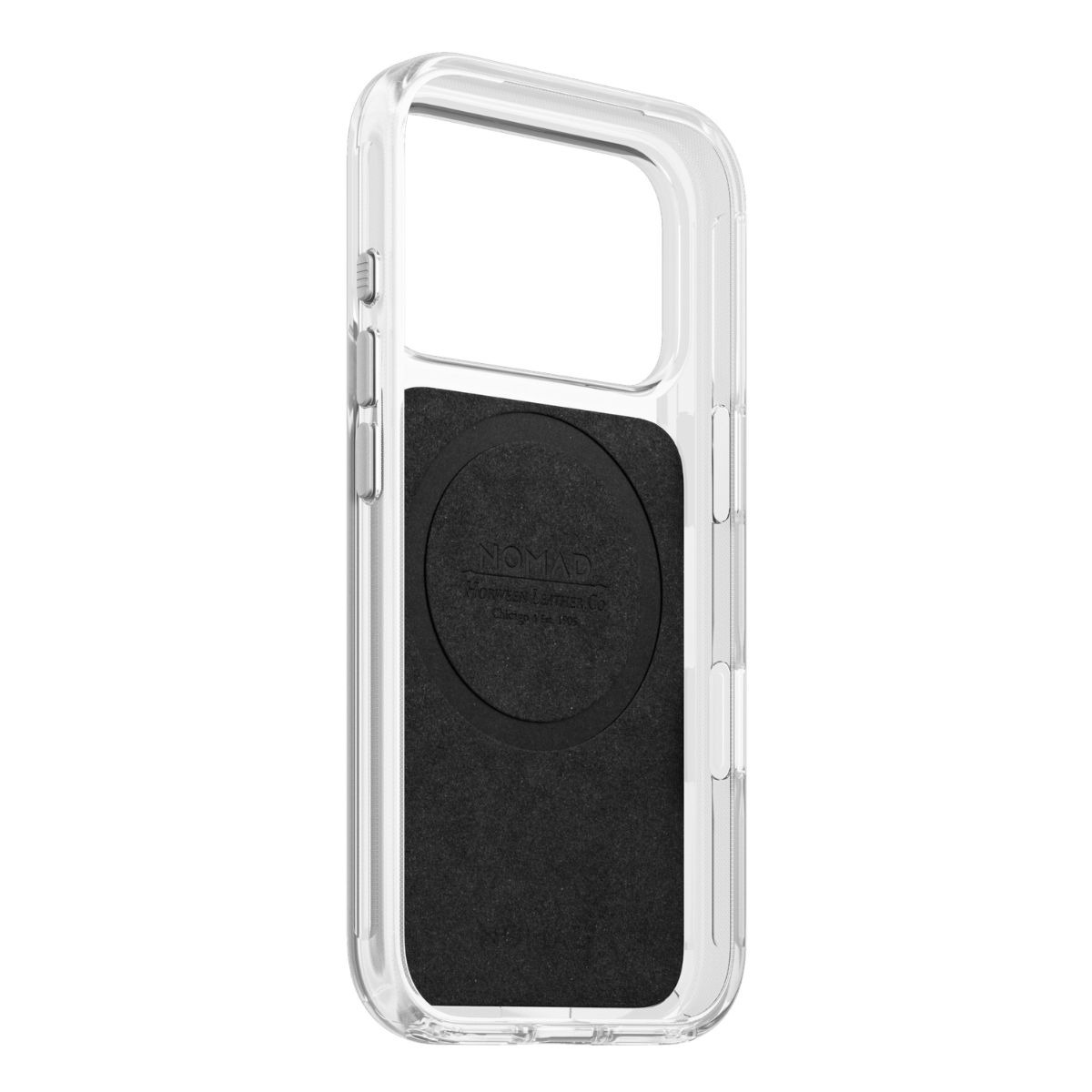 Funda transparente para móvil con almohadilla interior negra y logotipo circular de Nomad sobre fondo blanco.