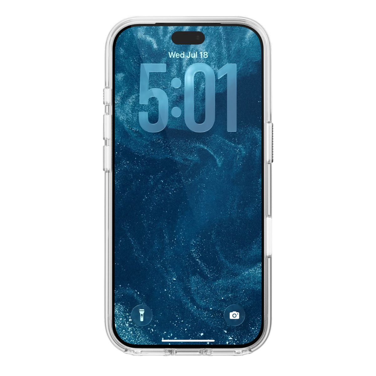 Smartphone en funda protectora transparente con fondo azul en la pantalla y gran visualización de la hora.