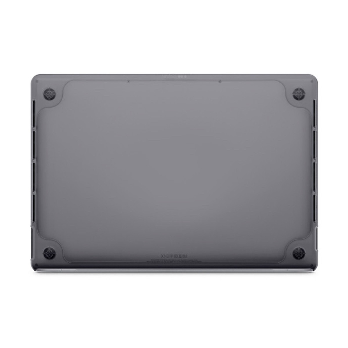 Unterseite eines grauen Laptops in einer Schutzhülle mit vier runden Füßen auf weißem Hintergrund.