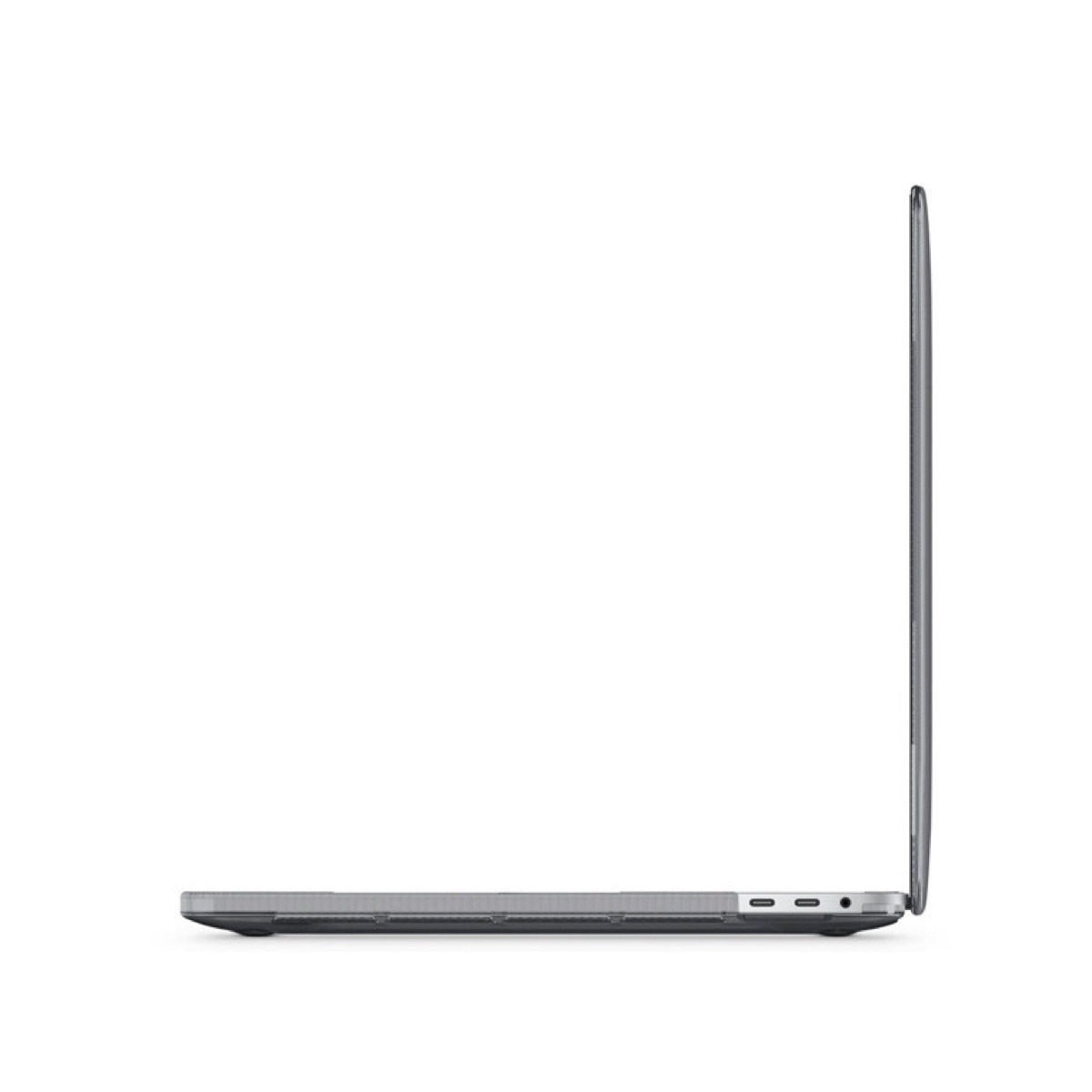 Seitenansicht eines grauen Laptops in Schutzhülle mit Anschlüssen und schlankem Profil auf weißem Grund.
