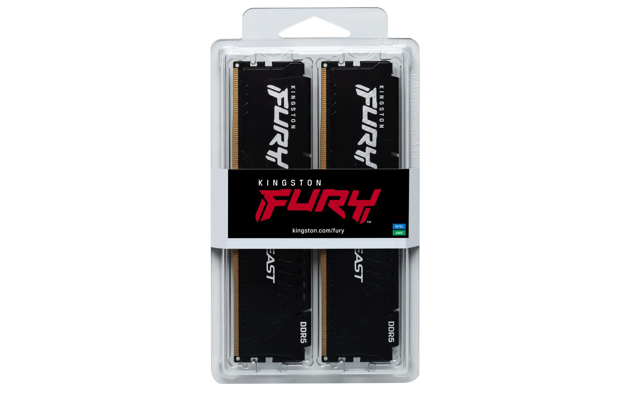 Módulos de RAM Kingston Fury DDR5 en un embalaje de plástico transparente sobre fondo blanco.