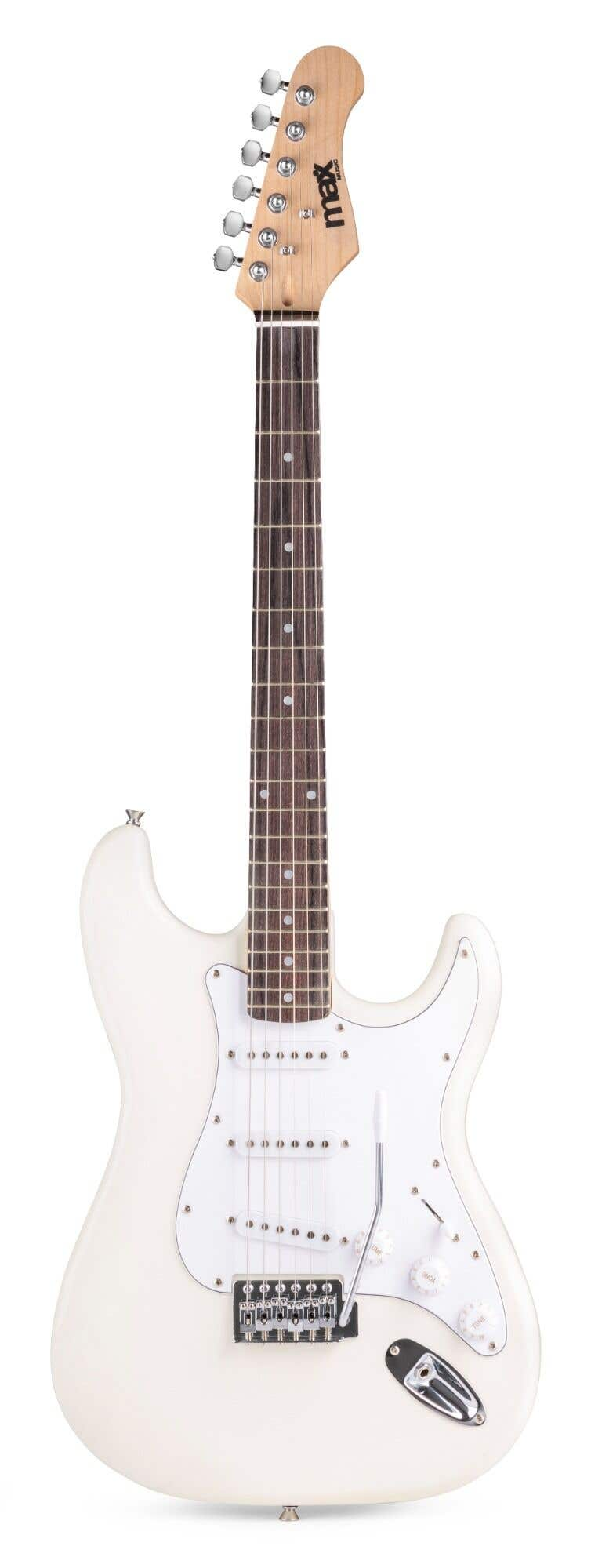 Une guitare électrique blanche avec touche sombre et plaque blanche sur fond blanc.