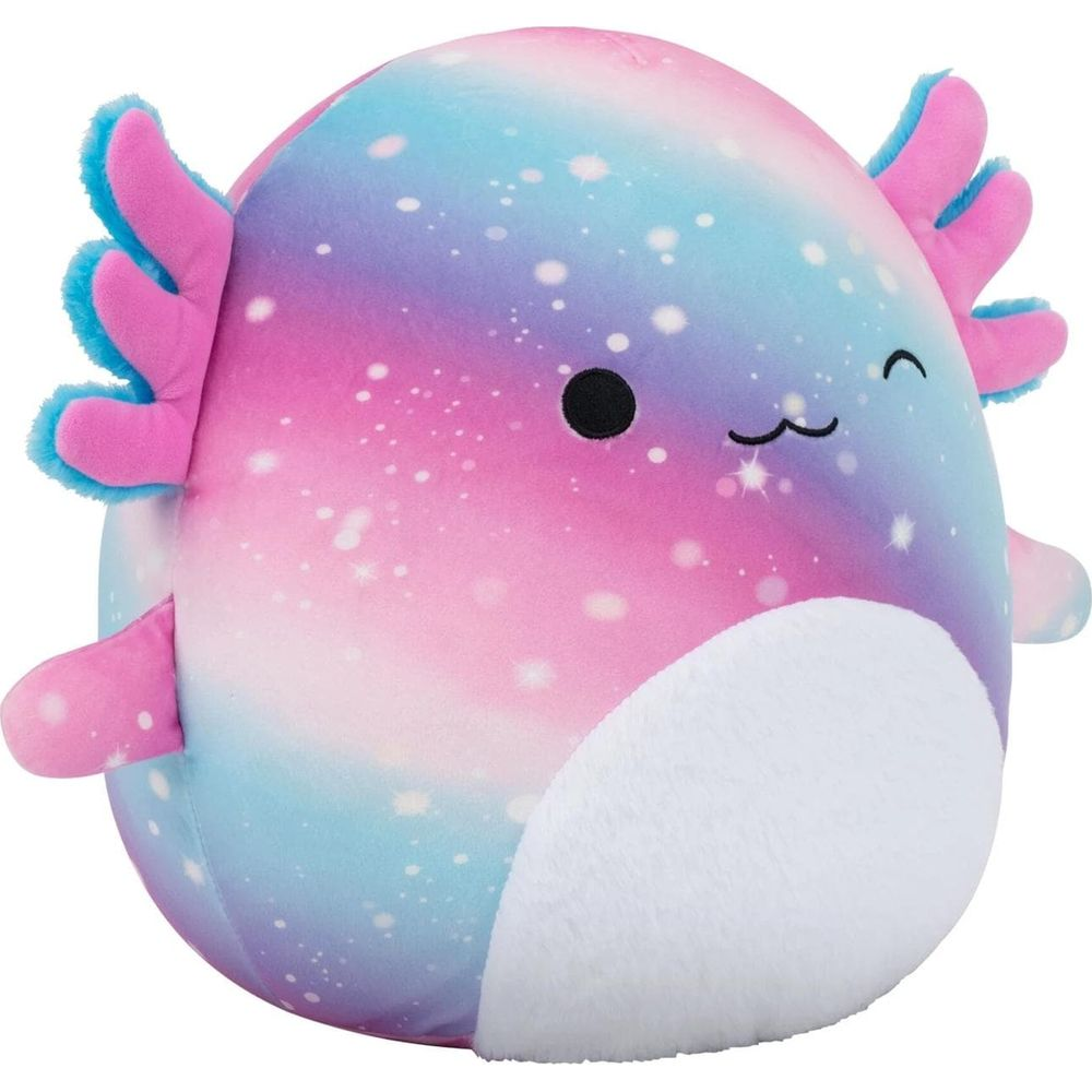 Runtes, plüschiges Axolotl-Spielzeug mit rosa-blauem Galaxienmuster, weißem Bauch und rosa Außenkiemen vor weißem Hintergrund.